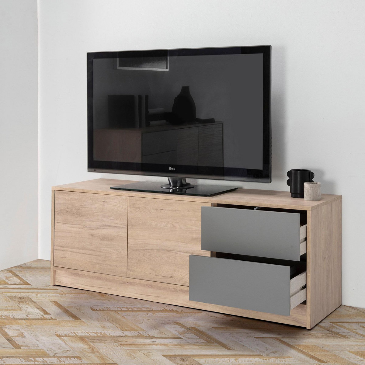 VS VENTA-STOCK Meuble TV Panama 2 tiroirs, 2 Portes, Couleur Bois et Gris, 136 cm (Largeur)