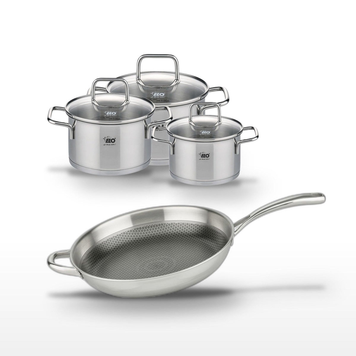 ELO Lot de 3 Faitouts Elo Relief Evolution 12, 14, 16 cm et Poêle 32 cm