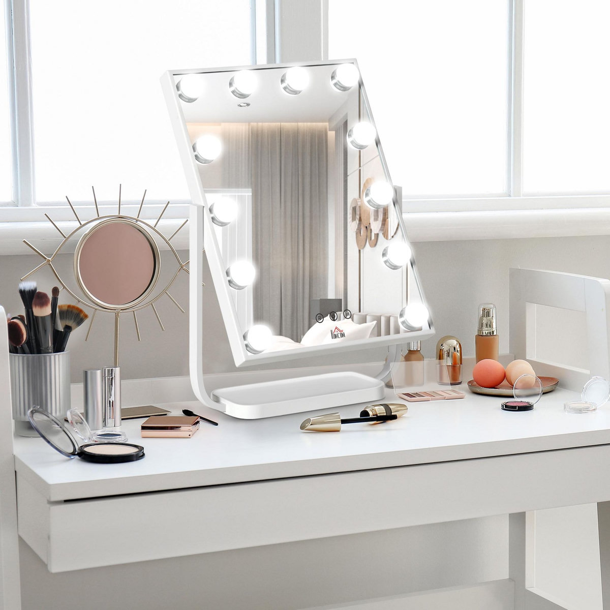 HOMCOM Miroir maquillage Hollywood lumineux LED tactile - 3 modes éclairage, inclinable, adaptateur - métal blanc verre