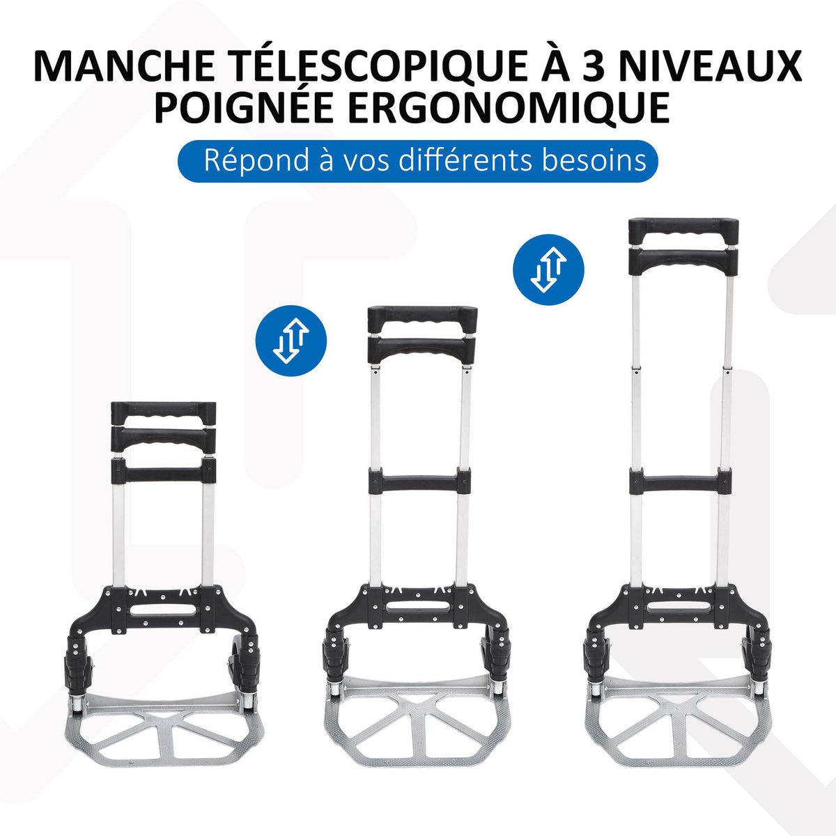 HOMCOM Chariot diable pliable leger telescopique charge 70kg en aluminium argent-noir
