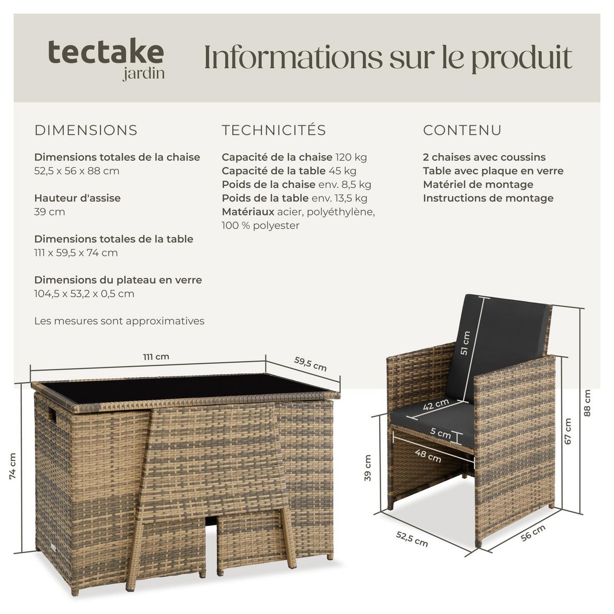 tectake Salon de jardin pour 2 personnes marron naturel