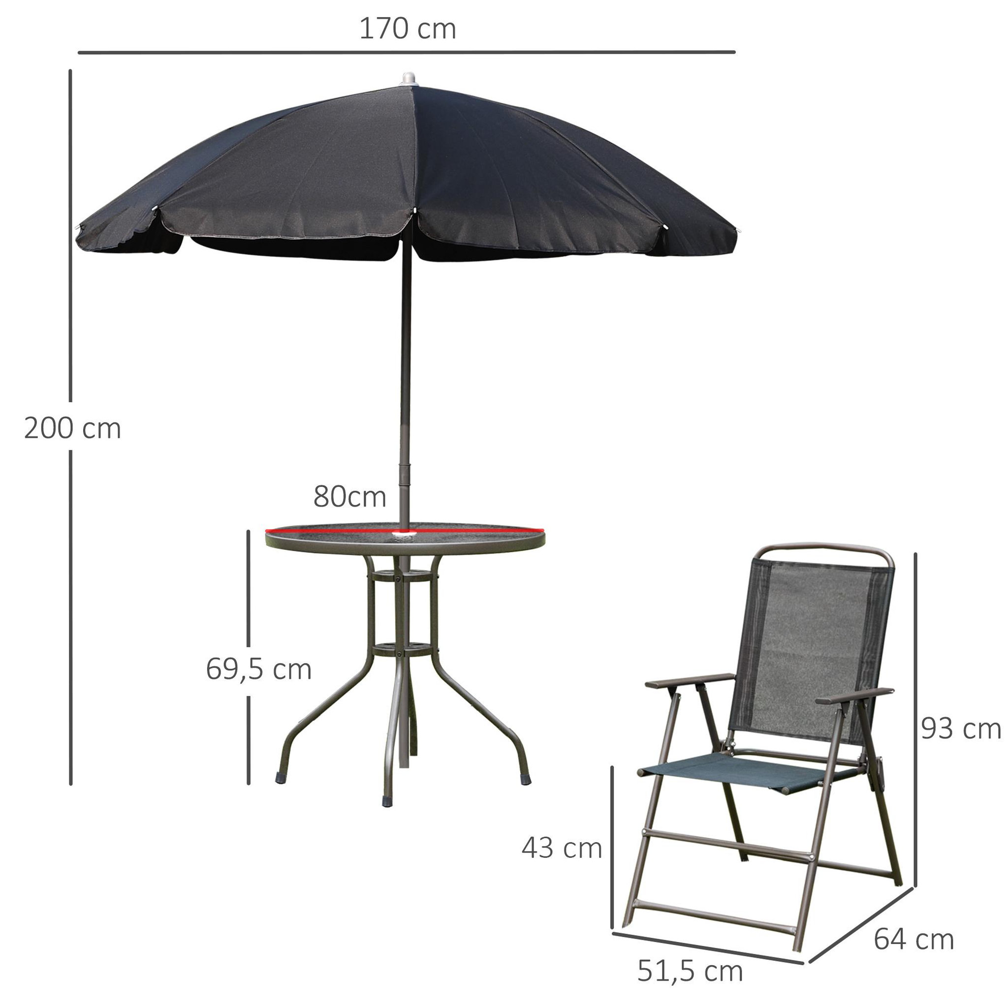Voir la diapositive 3 : OUTSUNNY Ensemble salon de jardin 6 pcs - table ronde + 4 chaises pliables + parasol - acier époxy café textilène polyester noir
