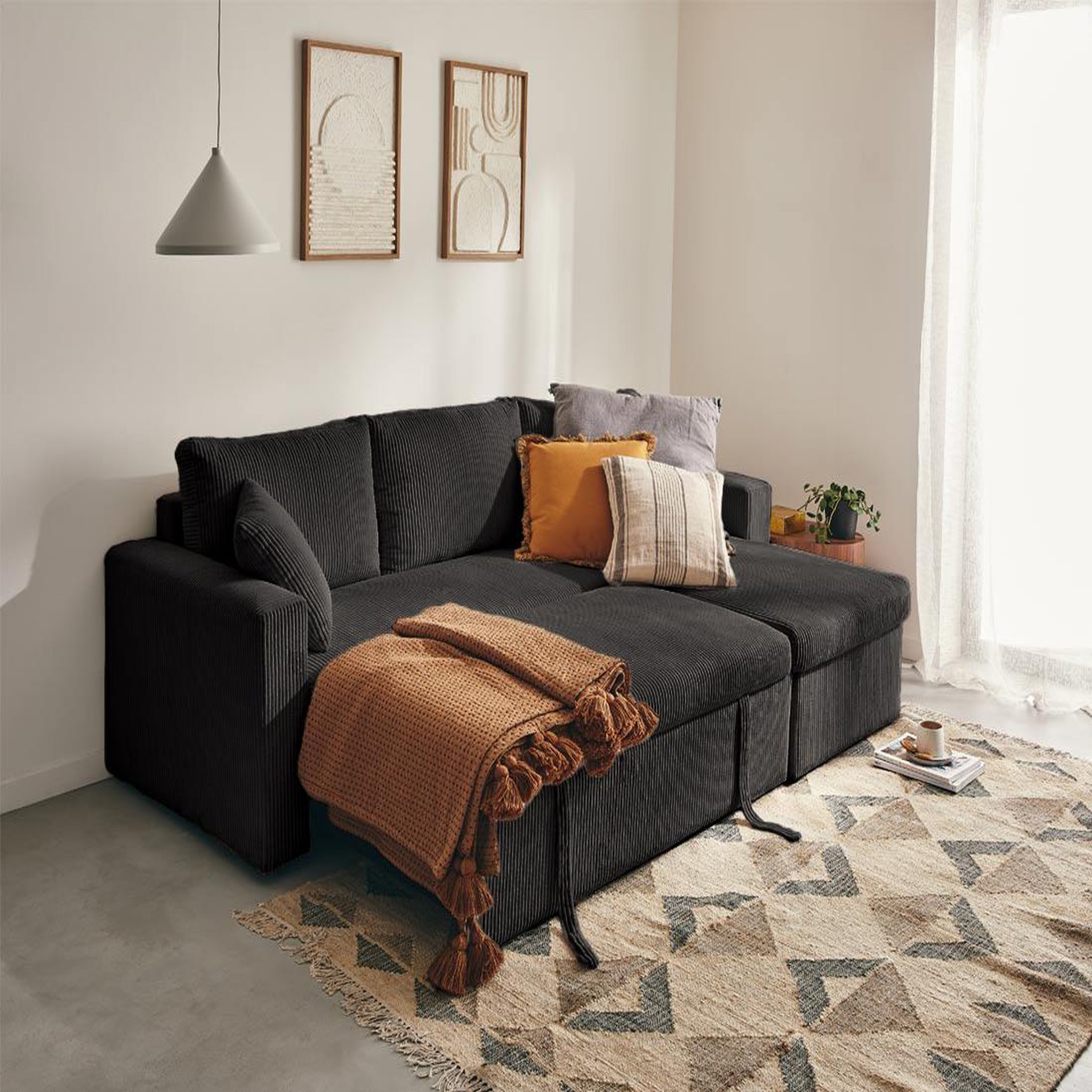 Voir la diapositive 3 : BEST MOBILIER Cyrus - canapé d'angle réversible 4 places - convertible avec coffre - en velours côtelé