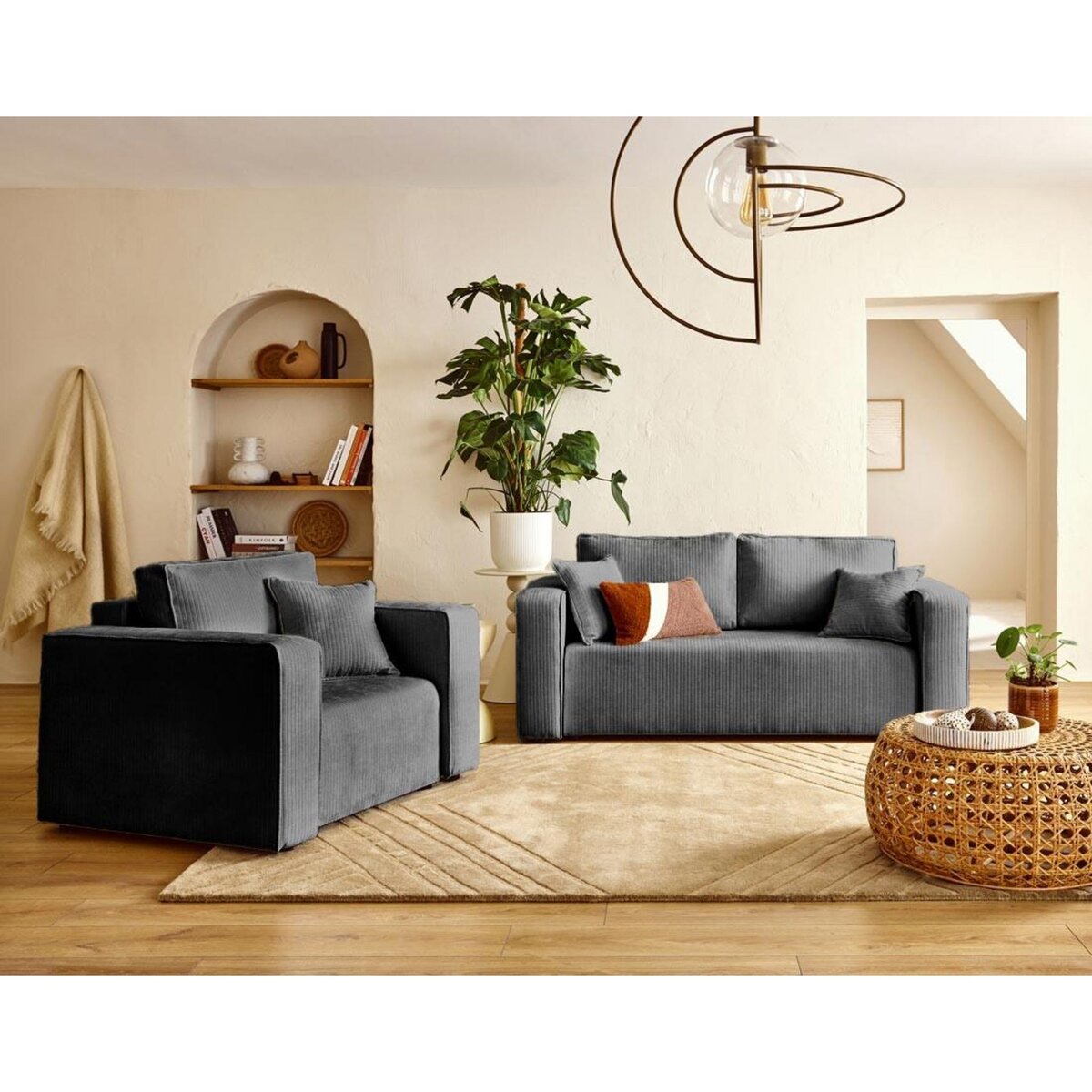 BEST MOBILIER Topaze - canapé droit 2 places en velours côtelé plat