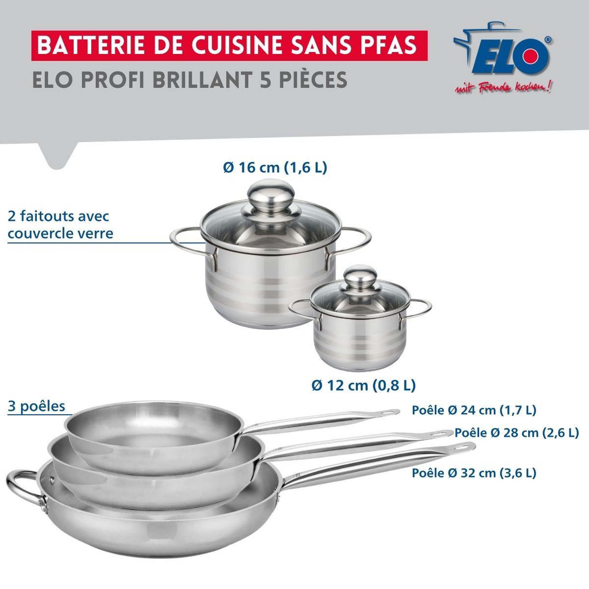 Voir la diapositive 2 : ELO Ensemble de 3 poêles de cuisson 24, 28 et 32 cm et 2 faitouts 12 et 16 cm elo profi brillant