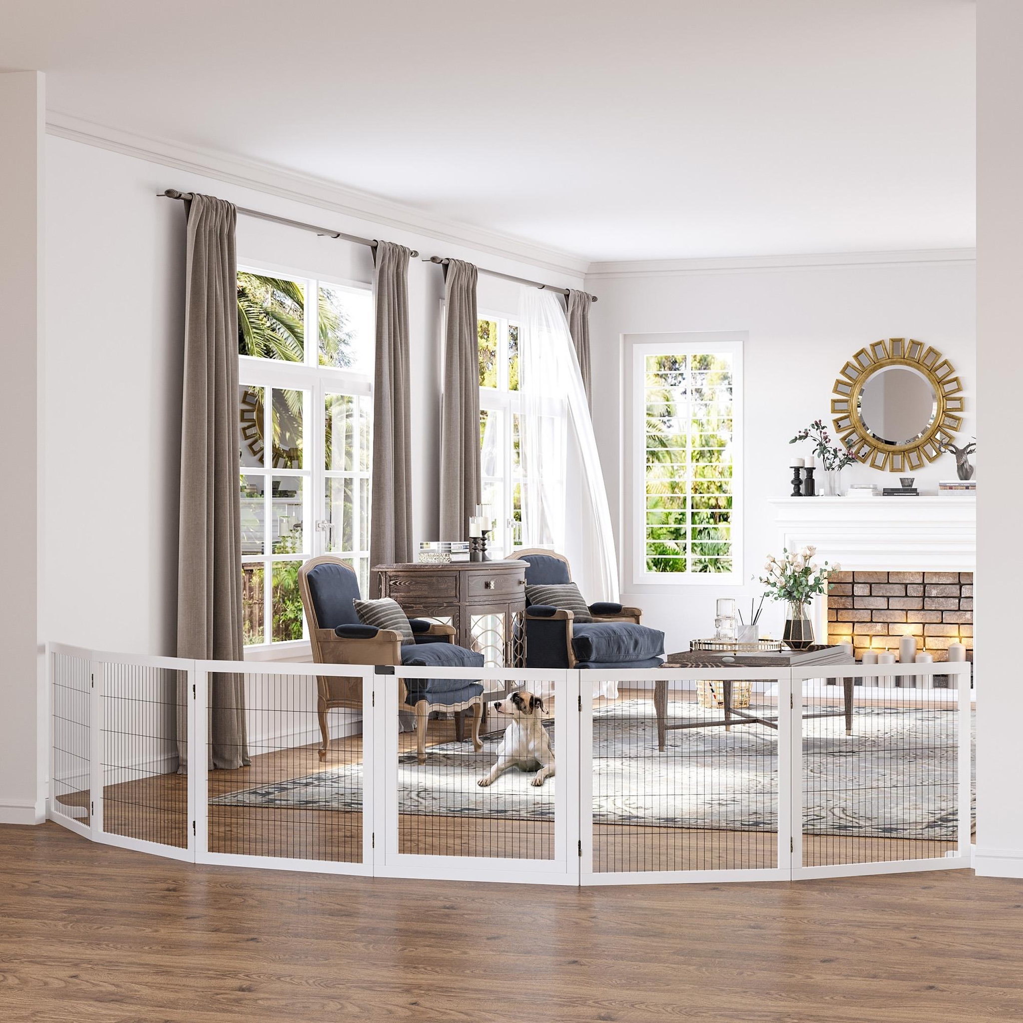 Voir la diapositive 2 : PAWHUT Barrière de sécurité parc enclos chien modulable pliable porte verrouillable intégrée 5 panneaux grillage acier noir bois de pin blanc