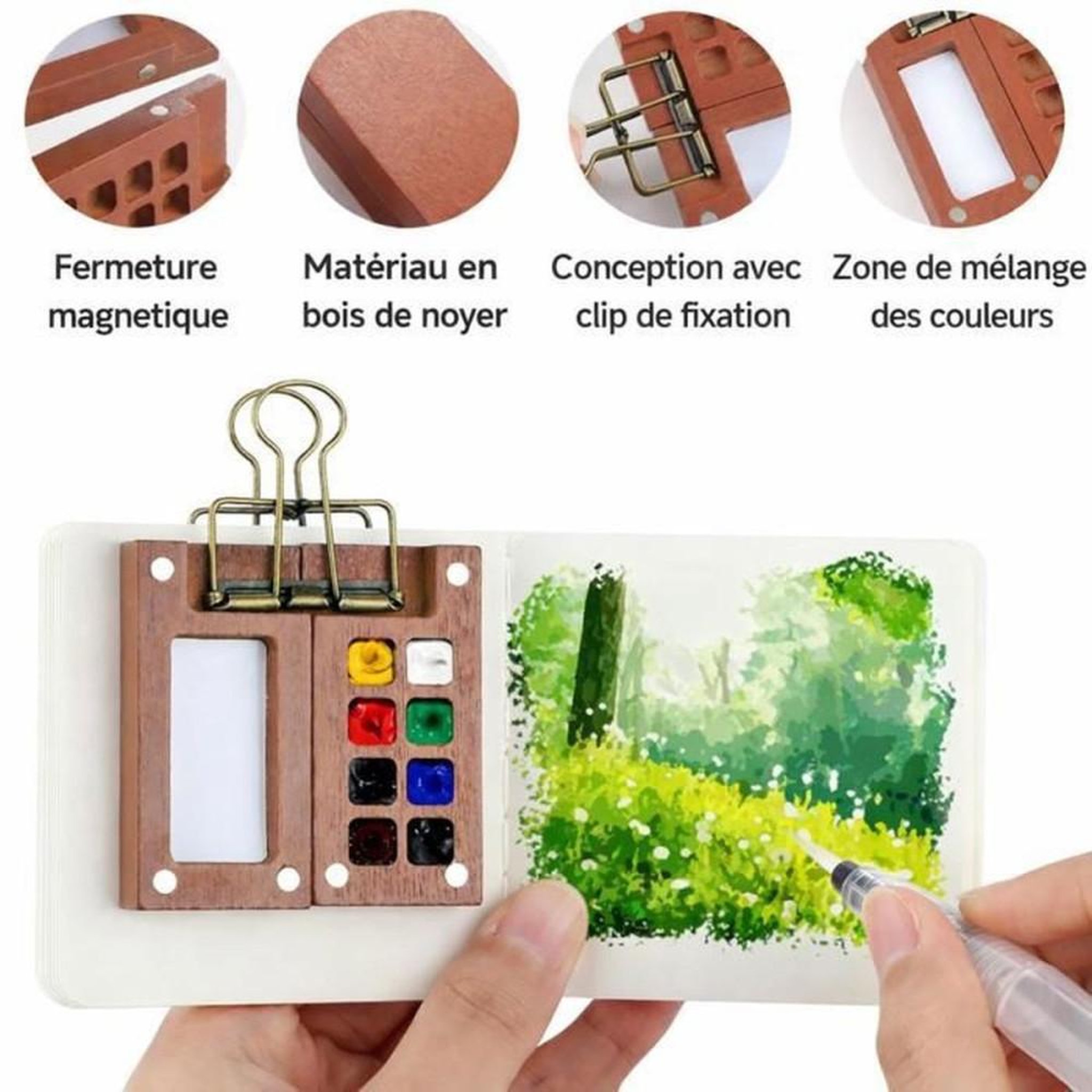 Voir la diapositive 3 : Kit palette portable aquarelle gouache 8 couleurs en bois de noyer avec pinceau à réservoir rechargeable et carnet de croquis 300 g/m²