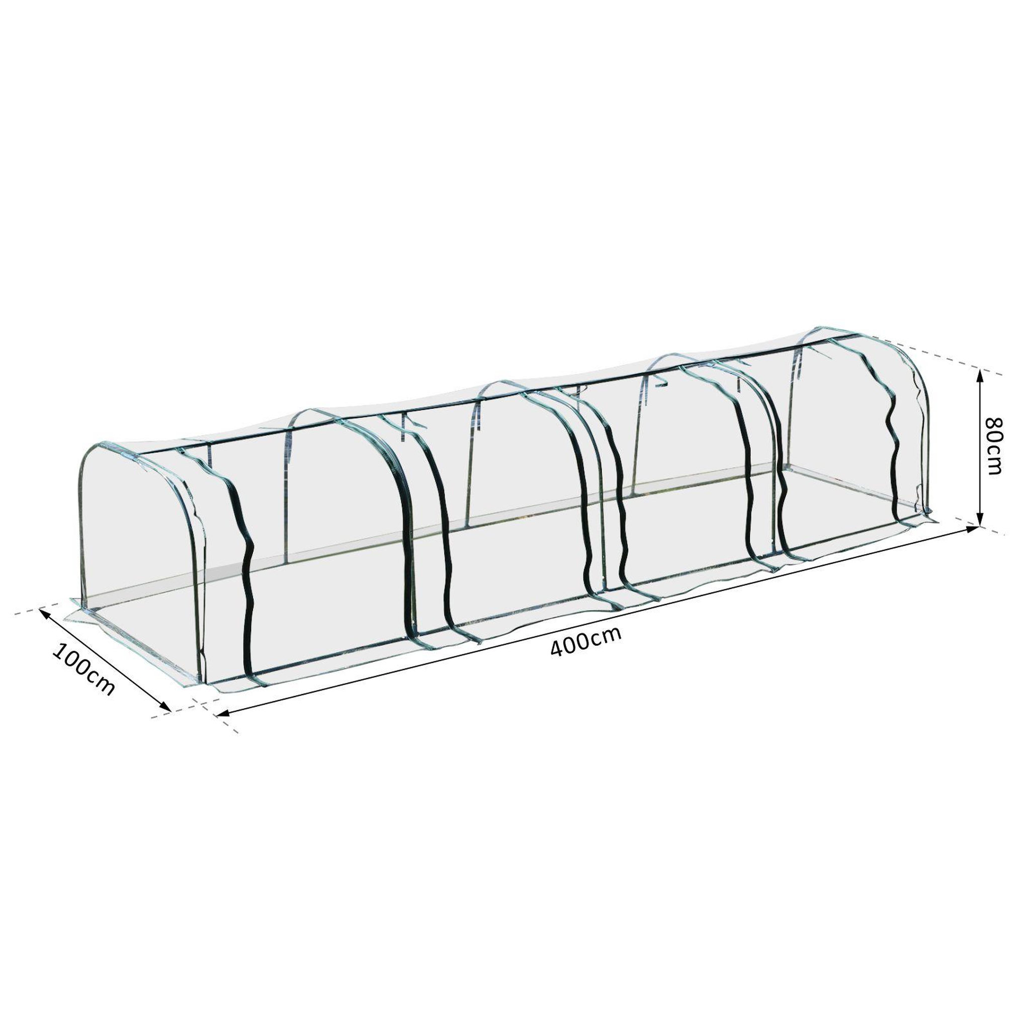 Voir la diapositive 3 : OUTSUNNY Serre de jardin tunnel 3,95L x 1l x 0,8H m 4 portes zippées bâche PVC transparent métal époxy vert