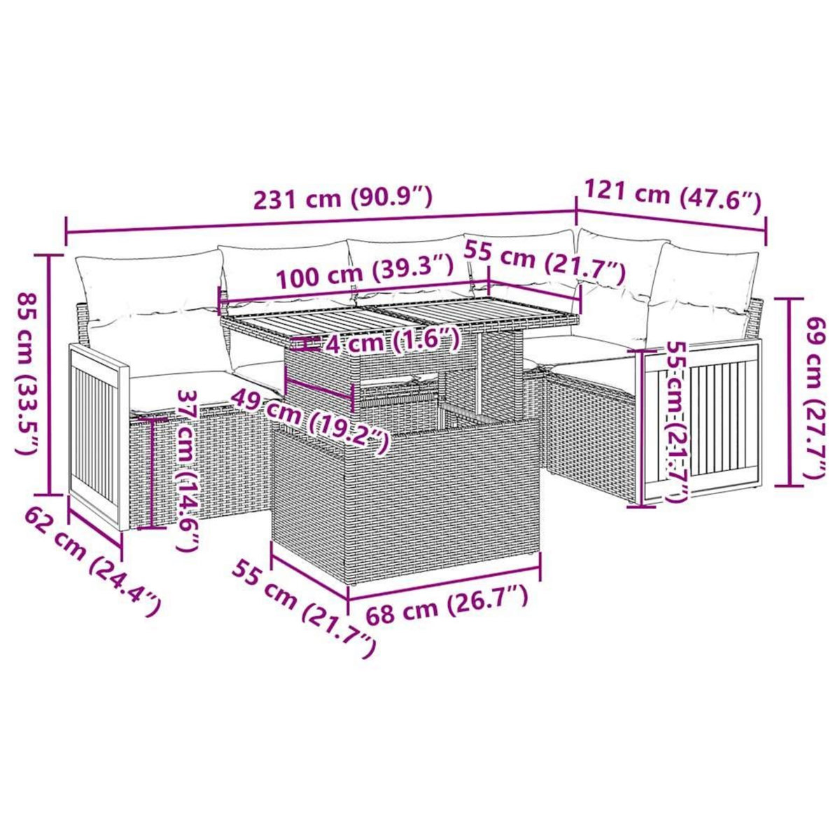 VIDAXL Salon de jardin avec coussins 6 pcs gris resine tressee acacia