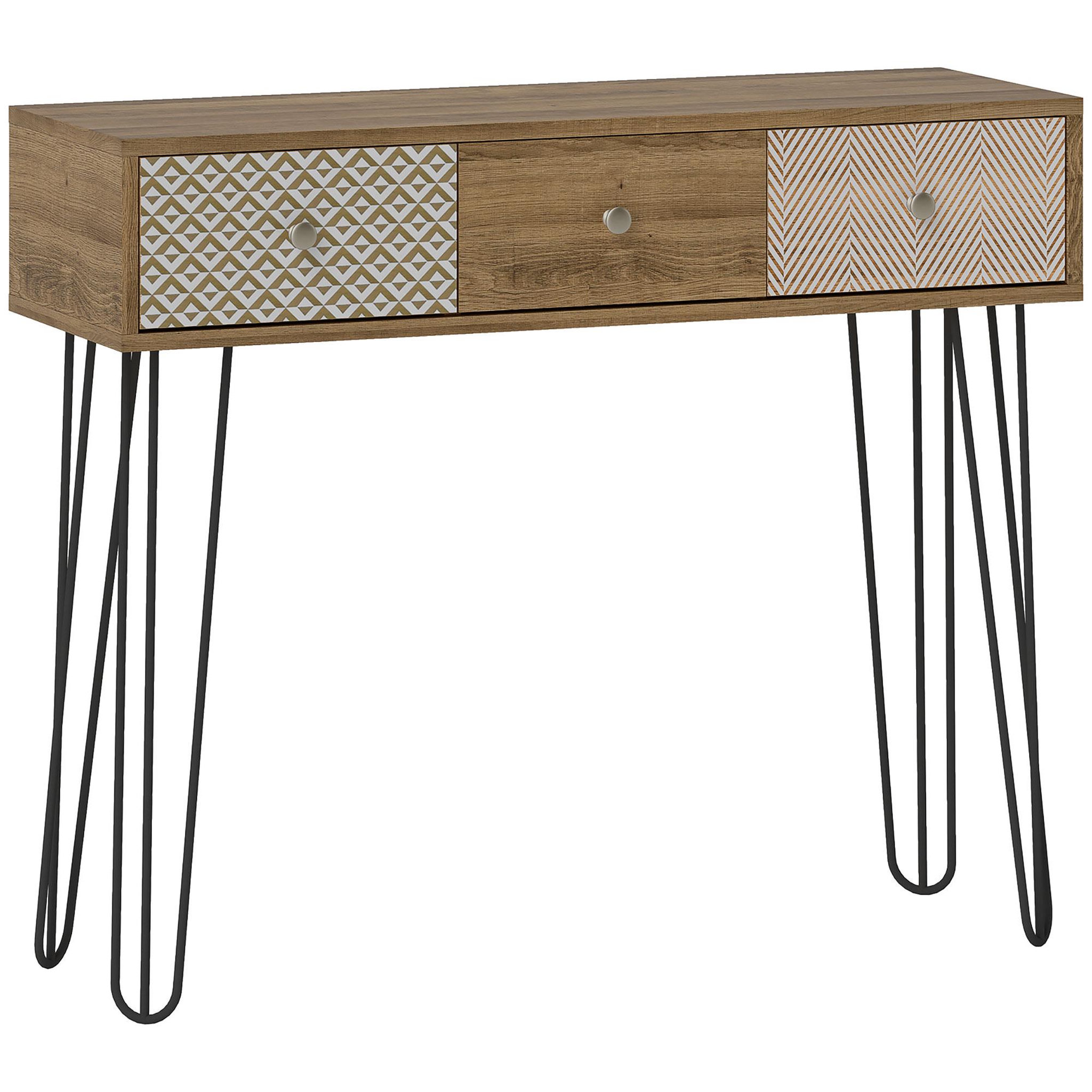 HOMCOM Console style néo-rétro 3 tiroirs graphiques piètement épingle acier noir effet bois