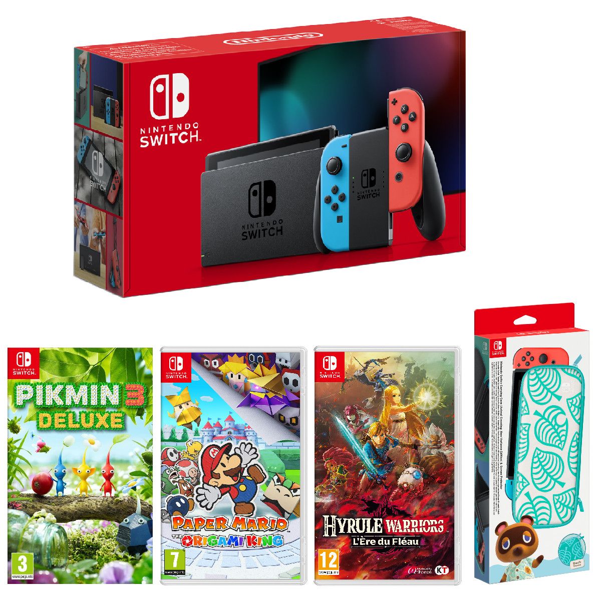 NINTENDO Console Nintendo Switch Néon + Pikmin 3 + Paper Mario: The Origami King + Hyrule Warriors: L'ère du Fléau + Pochette de transport et protection d'écran Animal Crossing Nintendo Switch