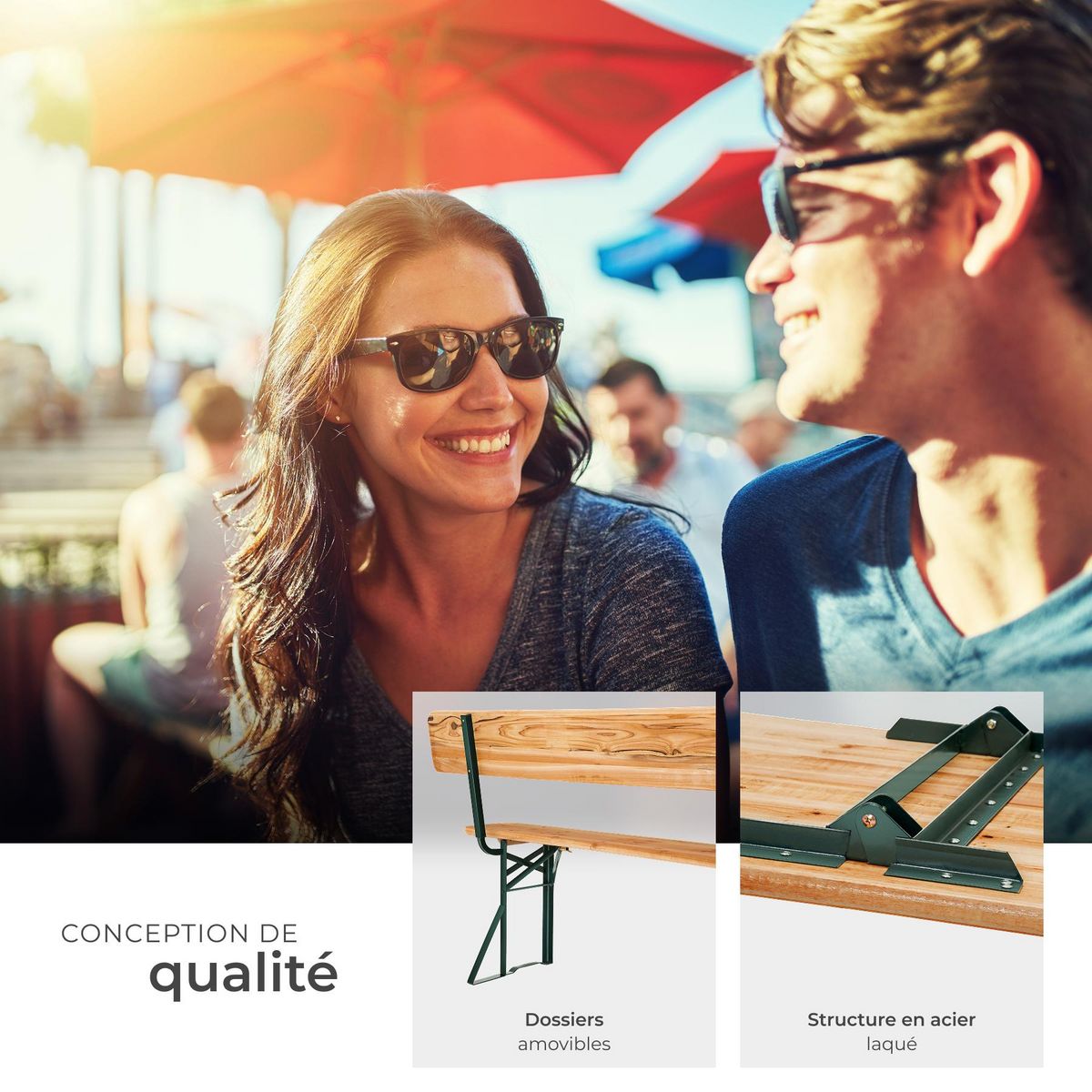 tectake Ensemble table et bancs de brasserie 3 pièces pliables avec dossiers amovibles marron