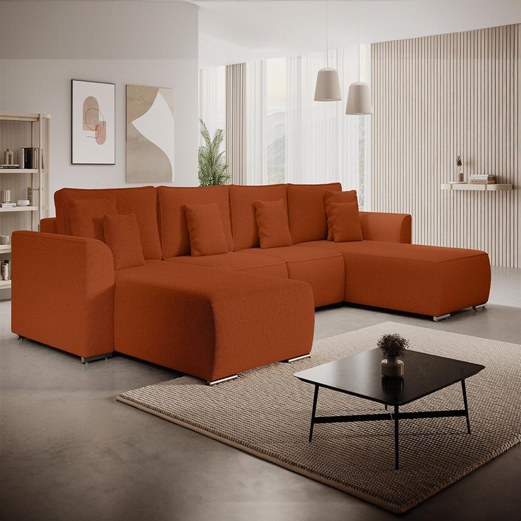 Voir la diapositive 2 : BEST MOBILIER Gabriel - canapé panoramique en u 7 places convertible avec coffre en tissu texturé