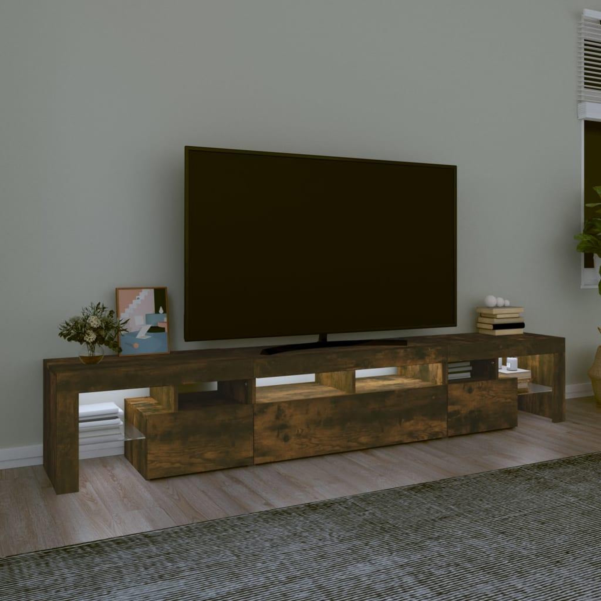 Voir la diapositive 3 : VIDAXL Meuble TV avec lumieres LED Chene fume 230x36,5x40 cm