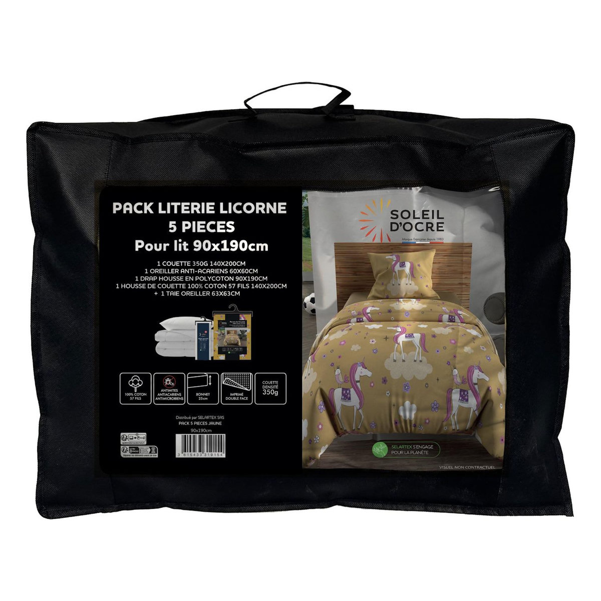 SOLEIL D'OCRE Ensemble couette et parure 5 Pièces LICORNES jaune pour lit en 90x190 cm, par Soleil d'ocre
