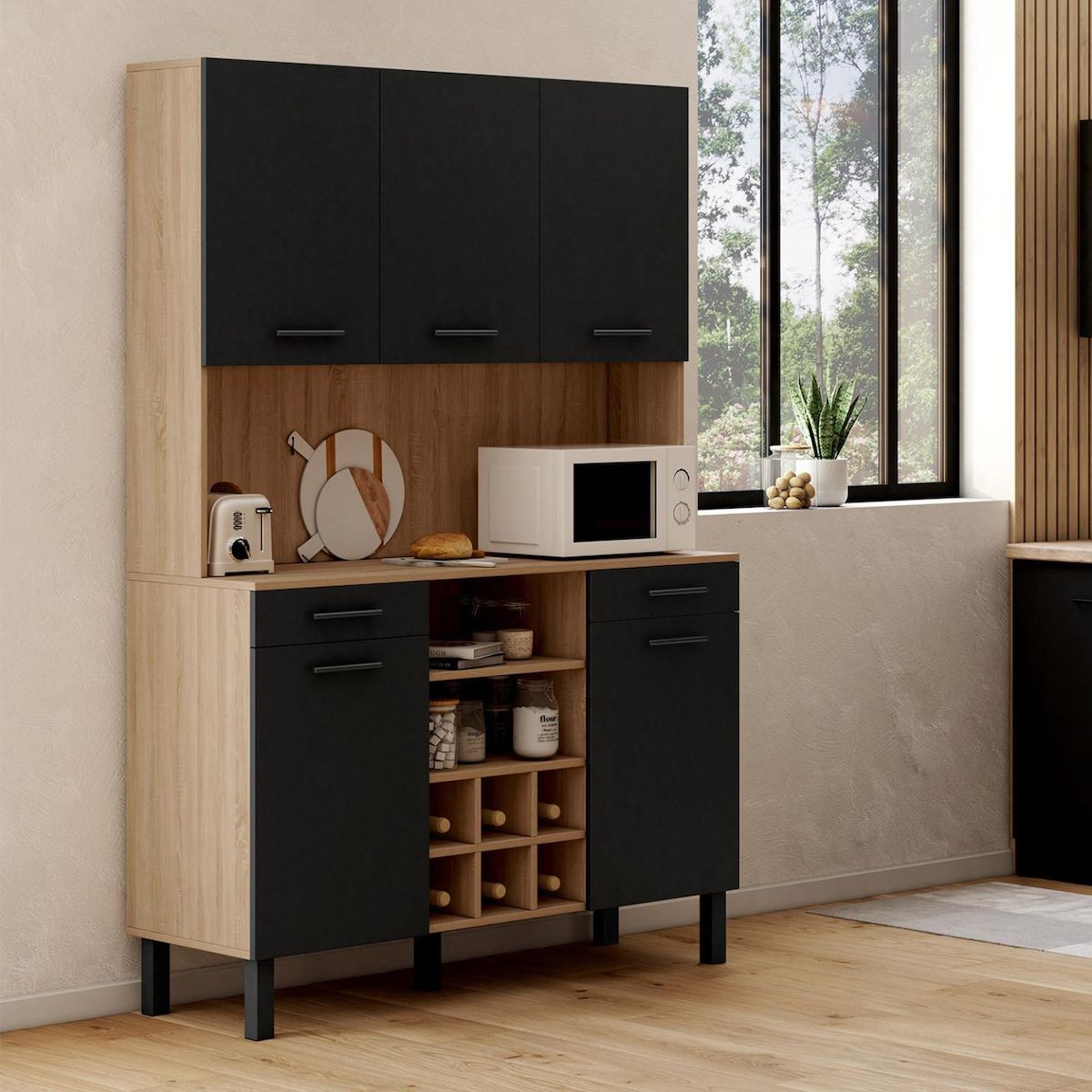 ID MARKET Buffet de cuisine 120 CM CINA 5 portes + tiroirs + range-bouteilles façon hêtre et noir