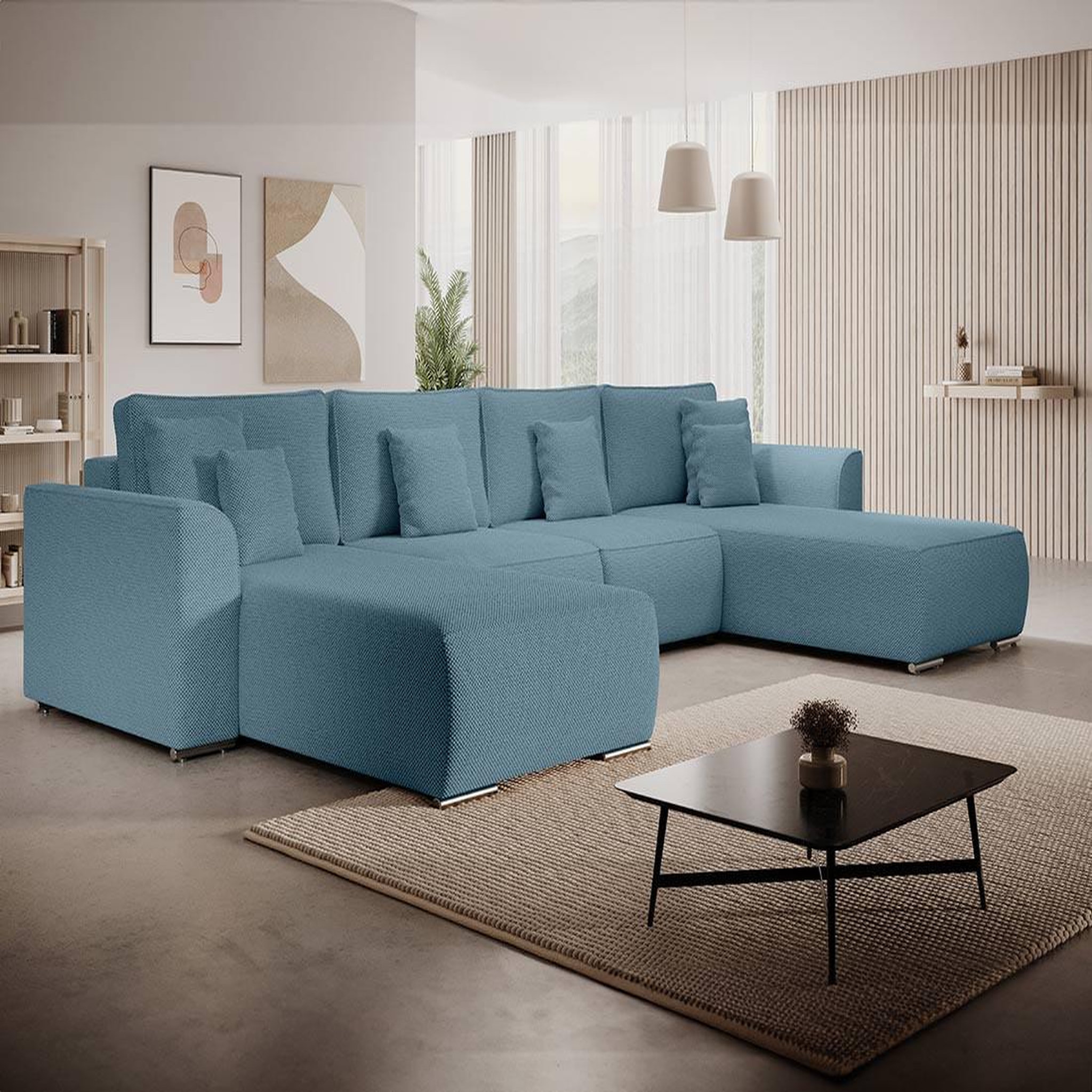 Voir la diapositive 2 : BEST MOBILIER Gabriel - canapé panoramique en u 7 places convertible avec coffre en tissu texturé