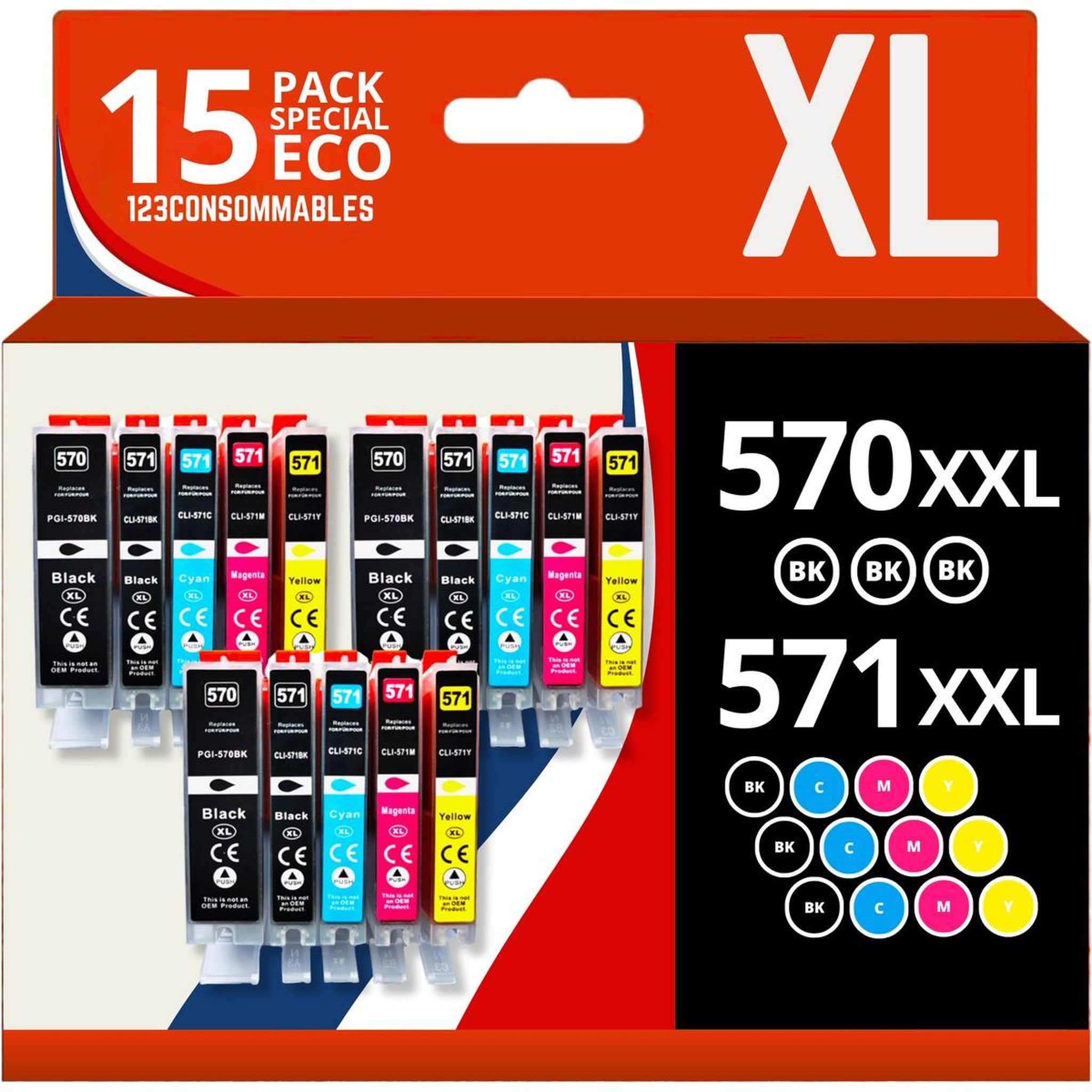 123CONSOMMABLES Pack 15 cartouches compatibles CANON PGI-570 XL/CLI-571 XL