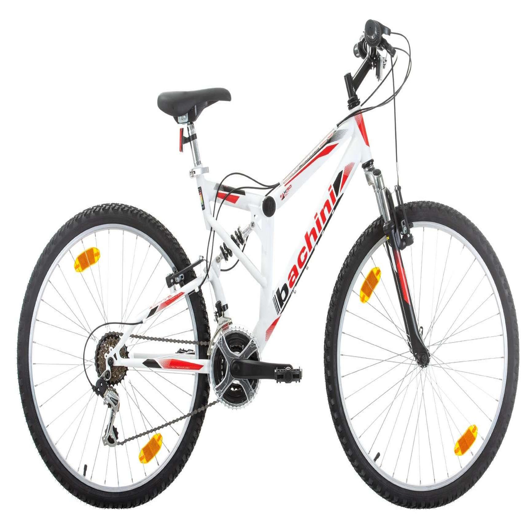 BACHINI Vélo VTT 26'' Tout Suspendu équipé de 18 Vitesses avec transmission Shimano & Freins V-Brake Alu.