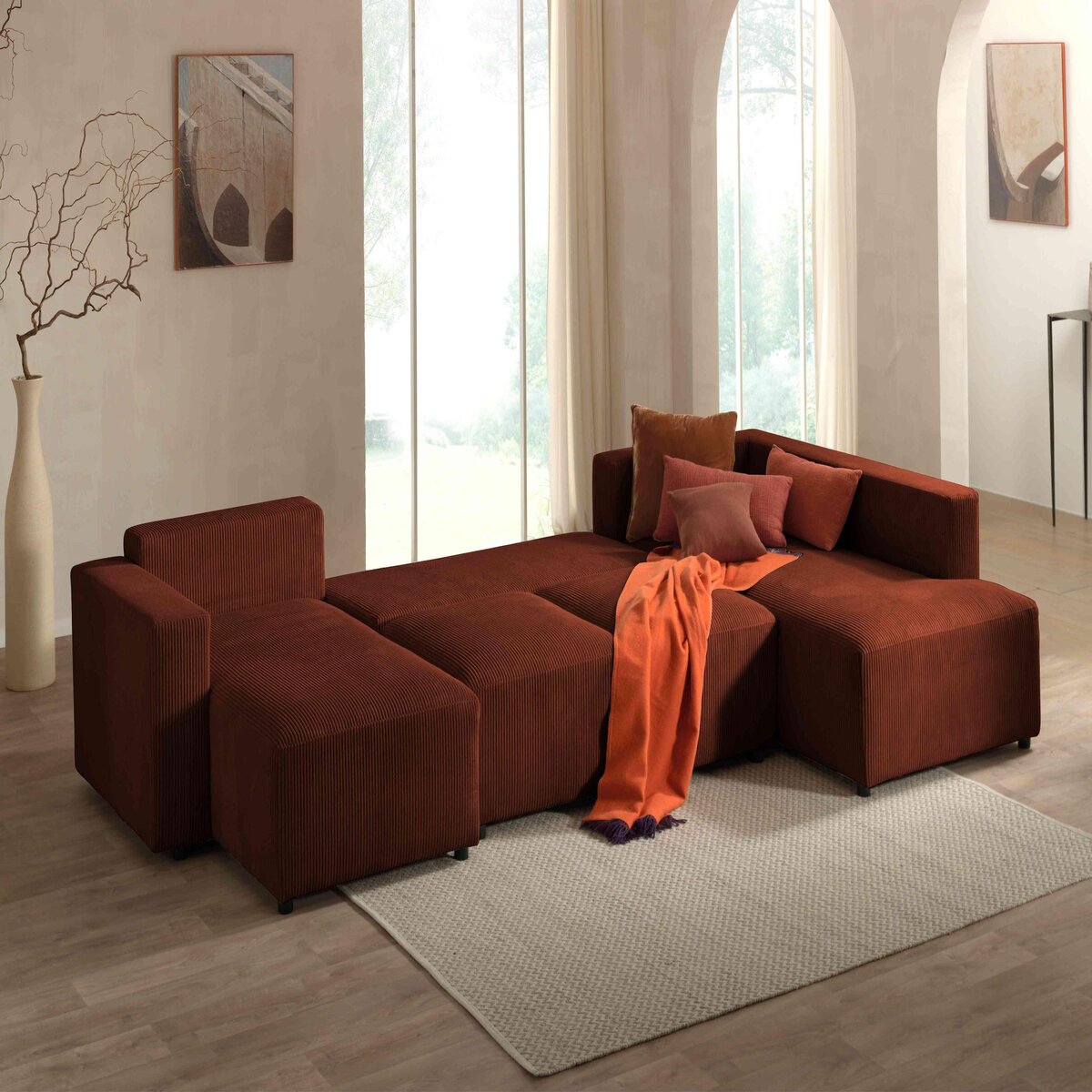 LISA DESIGN Livy - canapé panoramique convertible - avec coffre - en velours côtelé - 7 places - droit