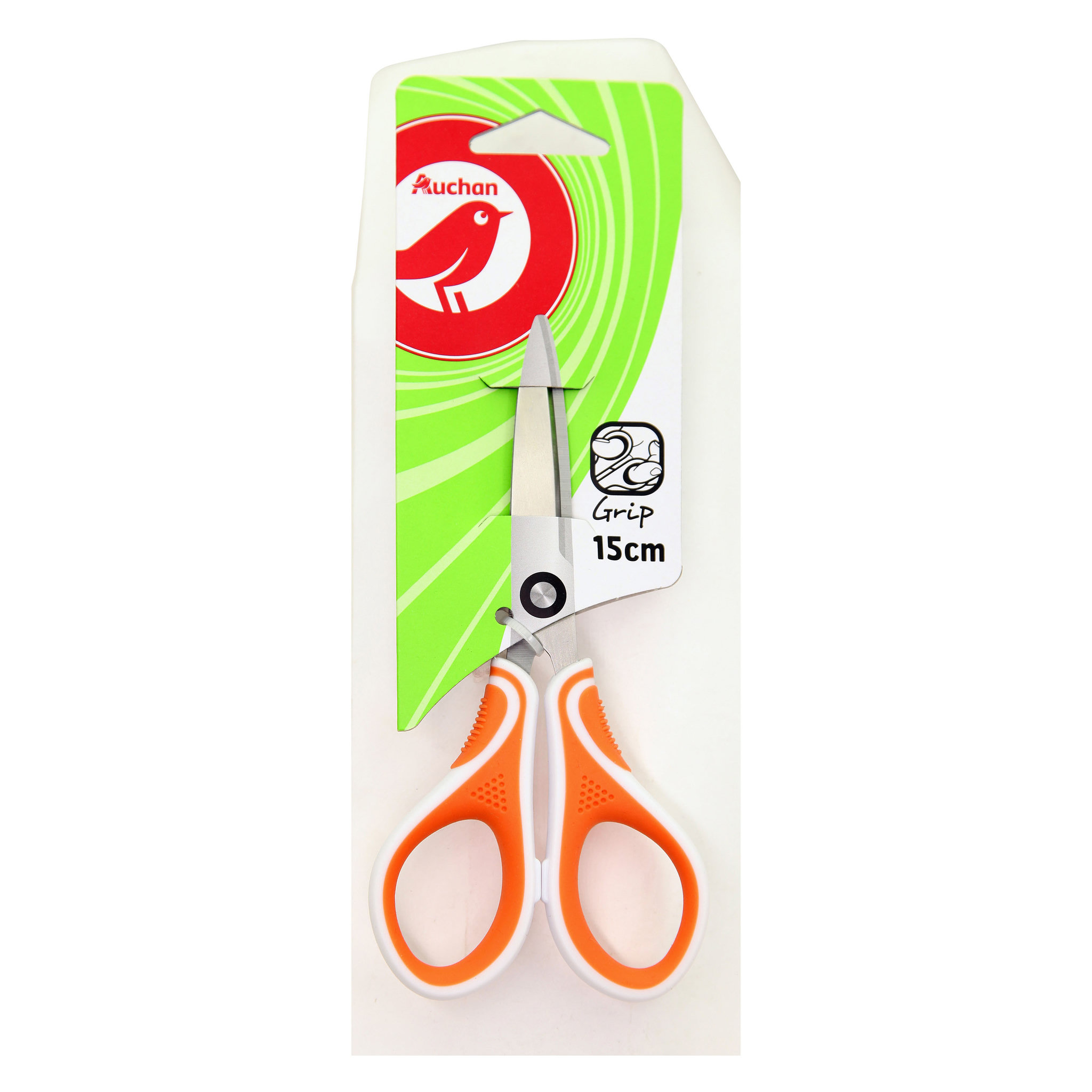 AUCHAN Paire de ciseaux à bouts pointus 15cm bi matière blanc et orange