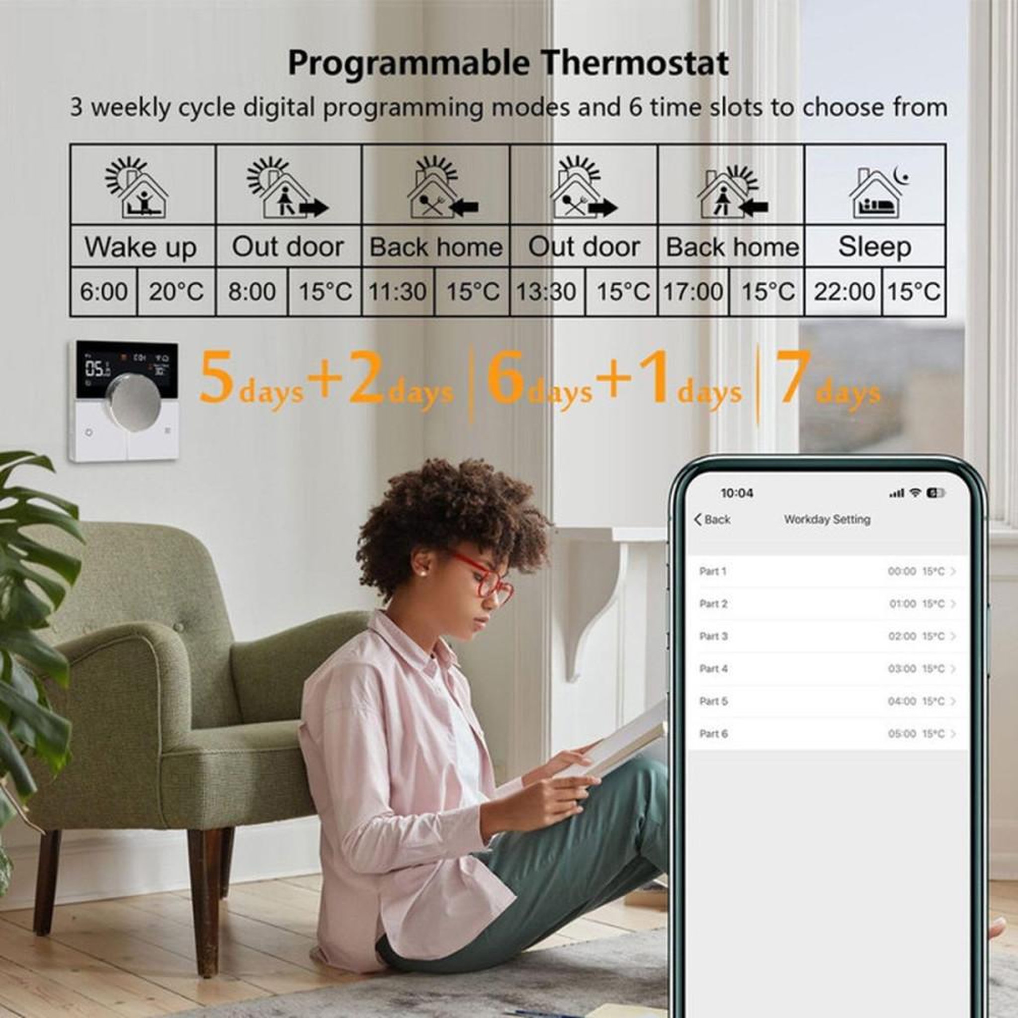 Voir la diapositive 3 : Thermostat Wi‑Fi connecté pour chauffage au sol électrique, capteur double, Alexa, 16A, KTF0176A