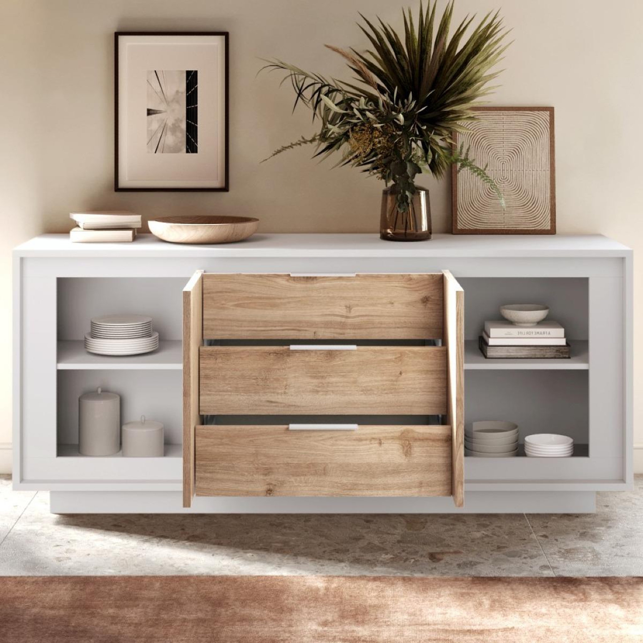 Voir la diapositive 4 : JLC KREATION Buffet bas blanc et bois 2 portes-3 tiroirs 180cm yori
