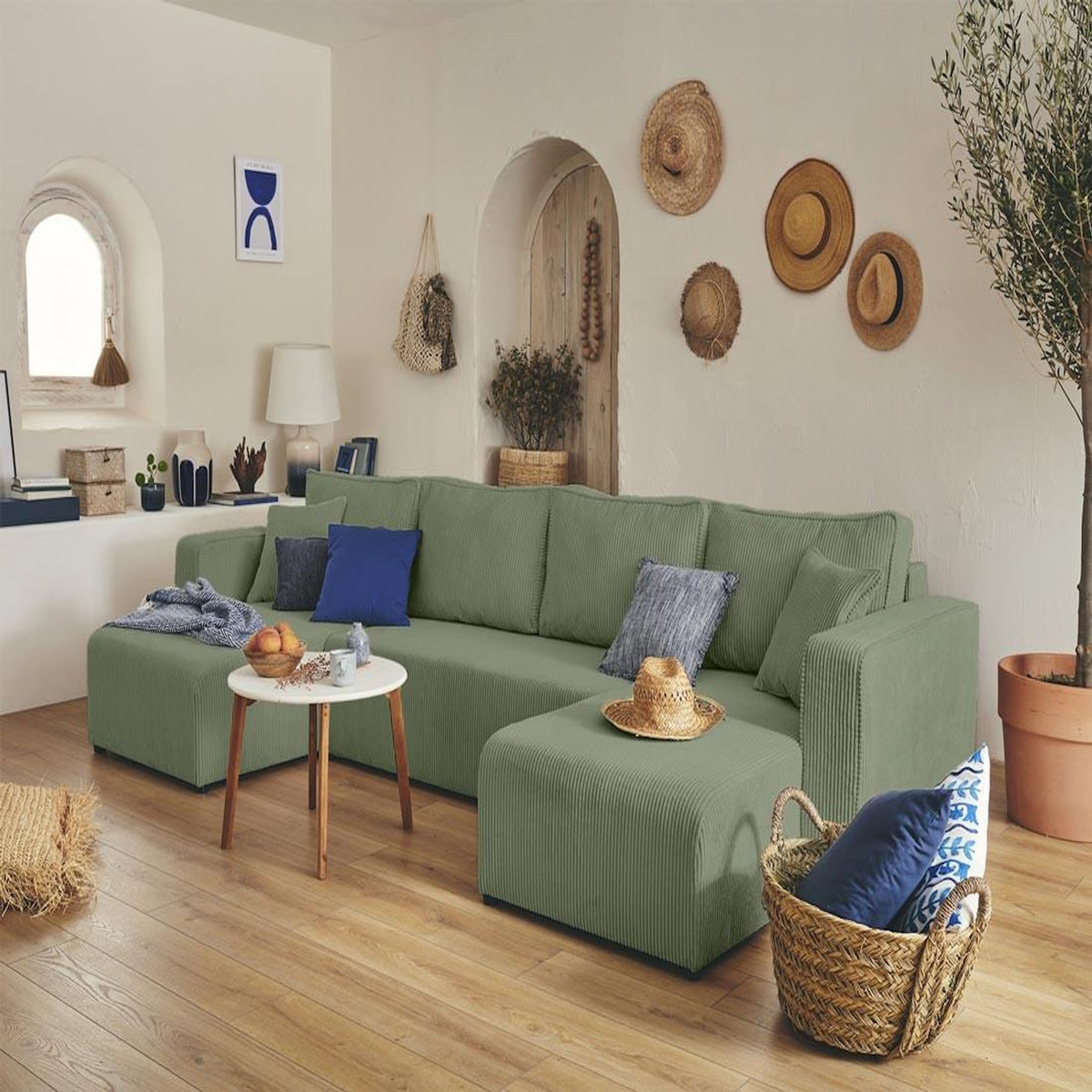 BEST MOBILIER Topaze - canapé panoramique en u - 7 places - convertible avec coffre - en velours côtelé