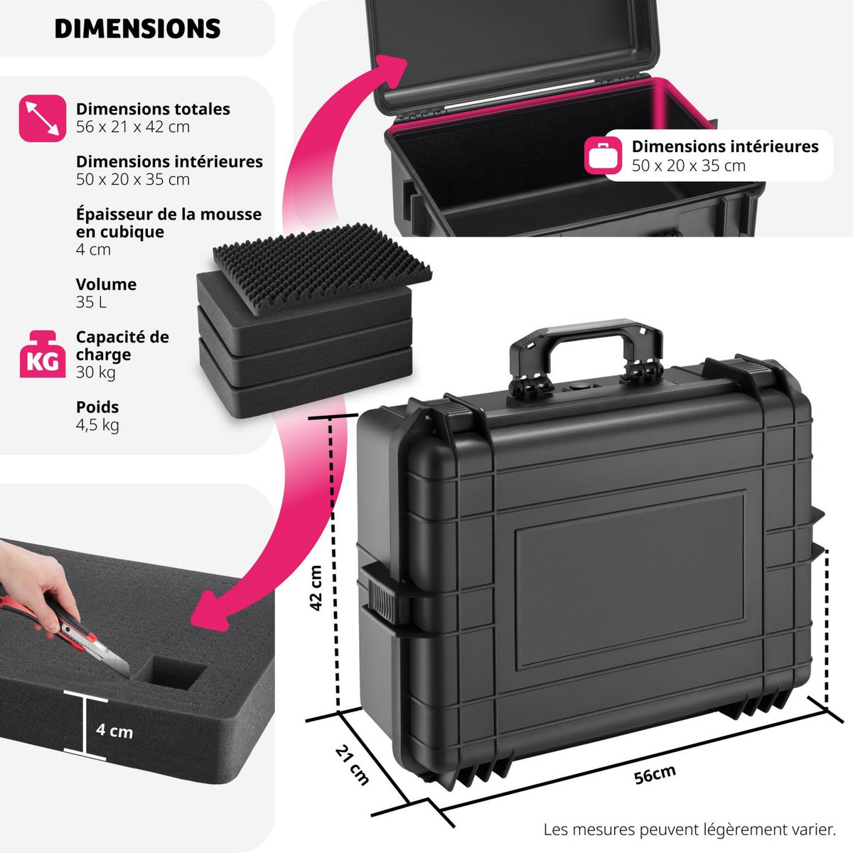tectake Valise de protection matériel photo en coque dure robuste avec 4 inserts en mousse épais noir
