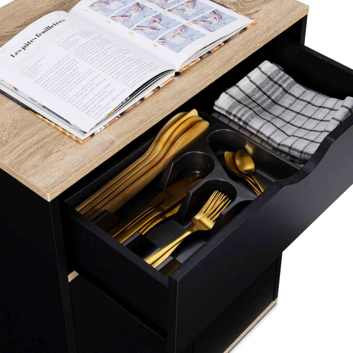 ID MARKET Desserte de cuisine COSY placard avec tiroir bois noir et plateaux façon hêtre L.60 CM