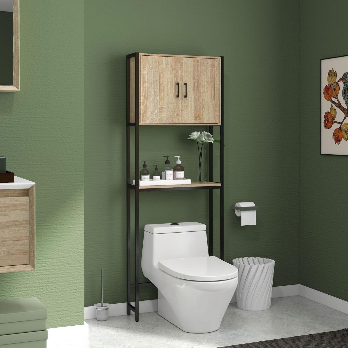 KLEANKIN Meuble WC meuble dessus toilettes style industriel 2 portes 2 étagères acier noir aspect chêne clair