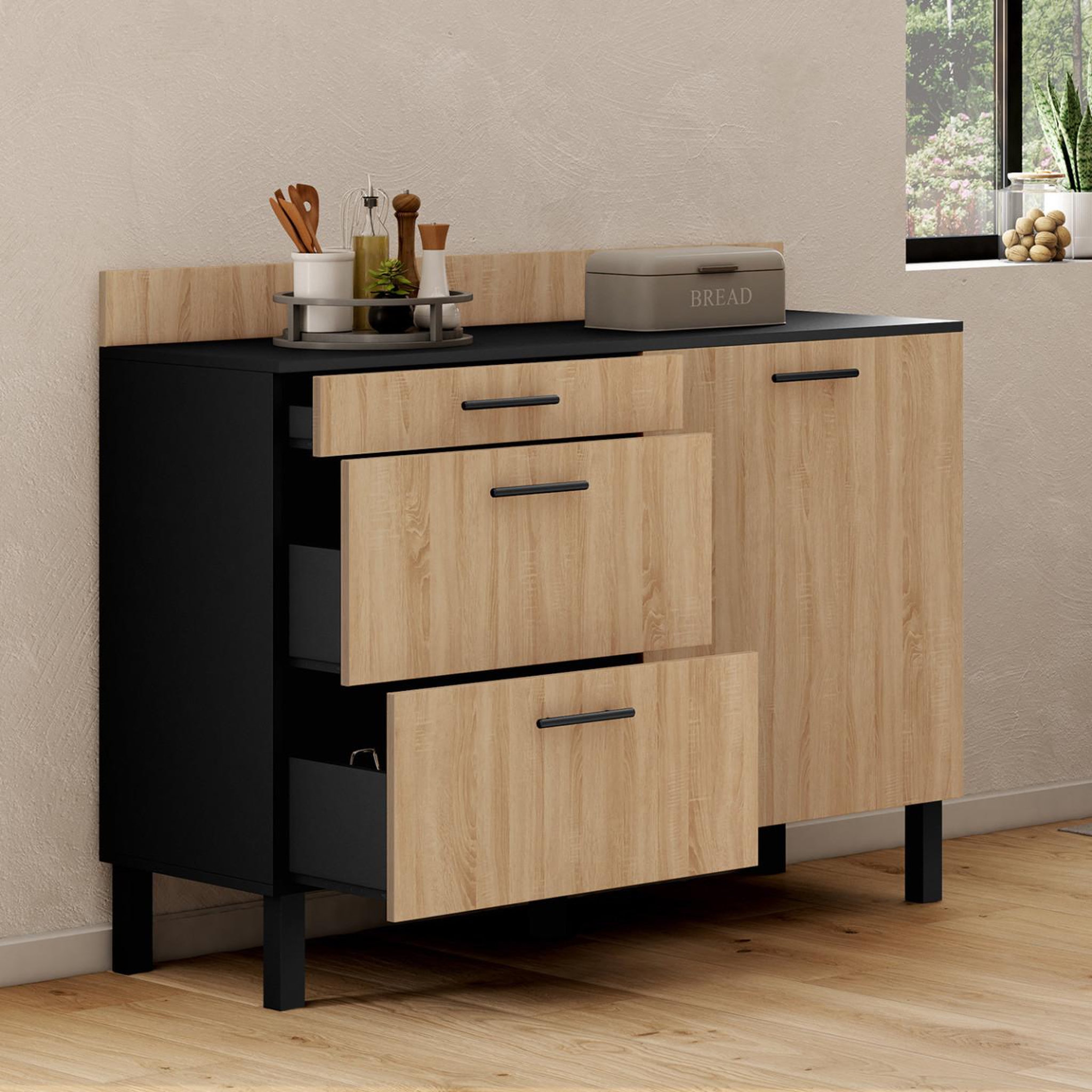 Voir la diapositive 2 : ID MARKET Buffet bas casserolier de cuisine 120 cm cina plan de travail h.83 cm 1 porte + 3 tiroirs noir et façon hêtre