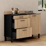 Voir la diapositive 2 : ID MARKET Buffet bas casserolier de cuisine 120 cm CINA plan de travail H.83 cm 1 porte + 3 tiroirs noir et façon hêtre