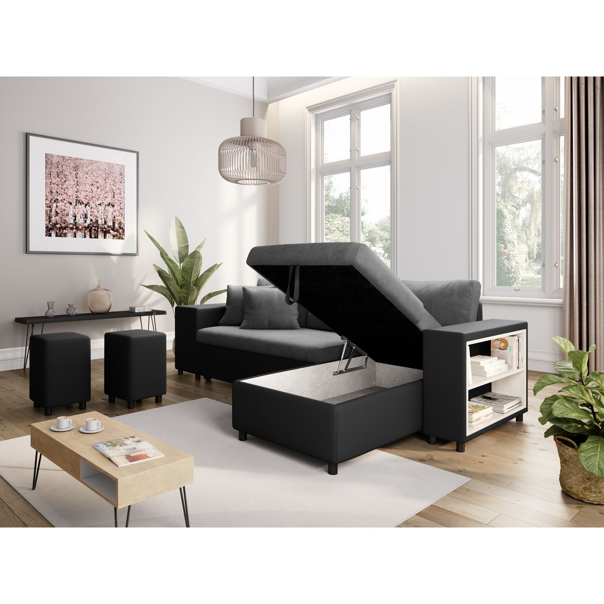 Canapé d'angle convertible avec coffre 3 places + 2 poufs à gauche et étagère à droite  MACHA