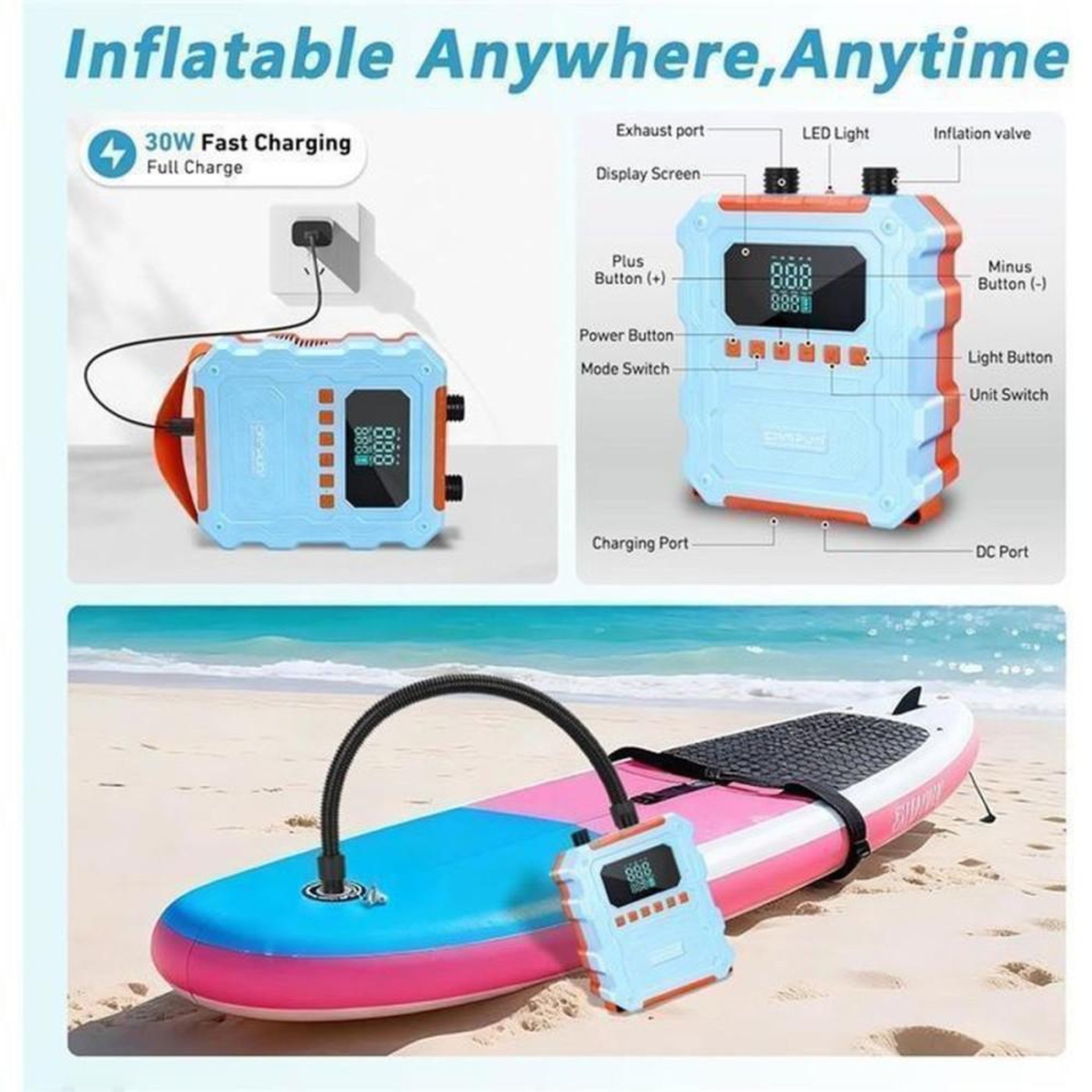 Voir la diapositive 3 : Pompe à air portable 60 PSI 12V/120W rechargeable Wild Stride, écran LED, arrêt automatique, fonction dégonflage rapide, 8 embouts
