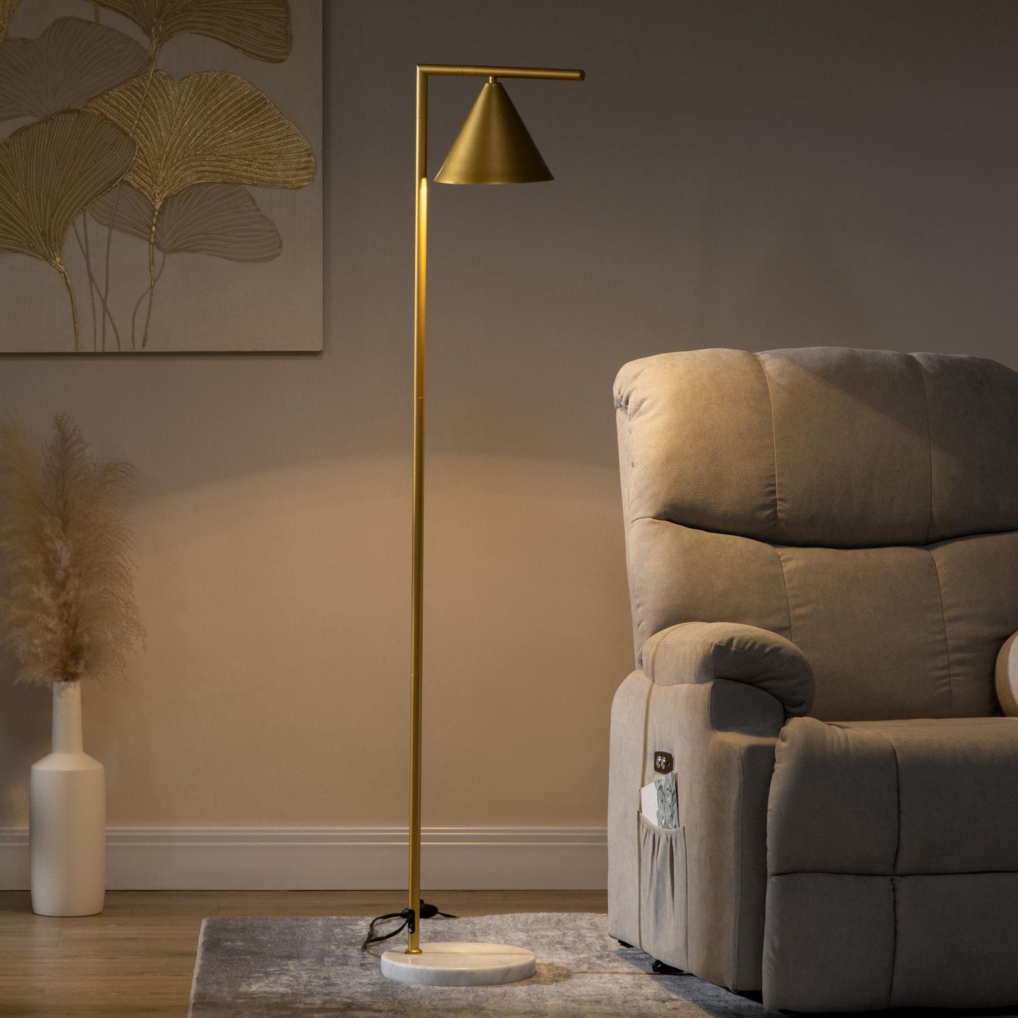 Voir la diapositive 2 : HOMCOM Lampadaire sur pied salon 40w acier doré abat-jour conique orientable base marbre