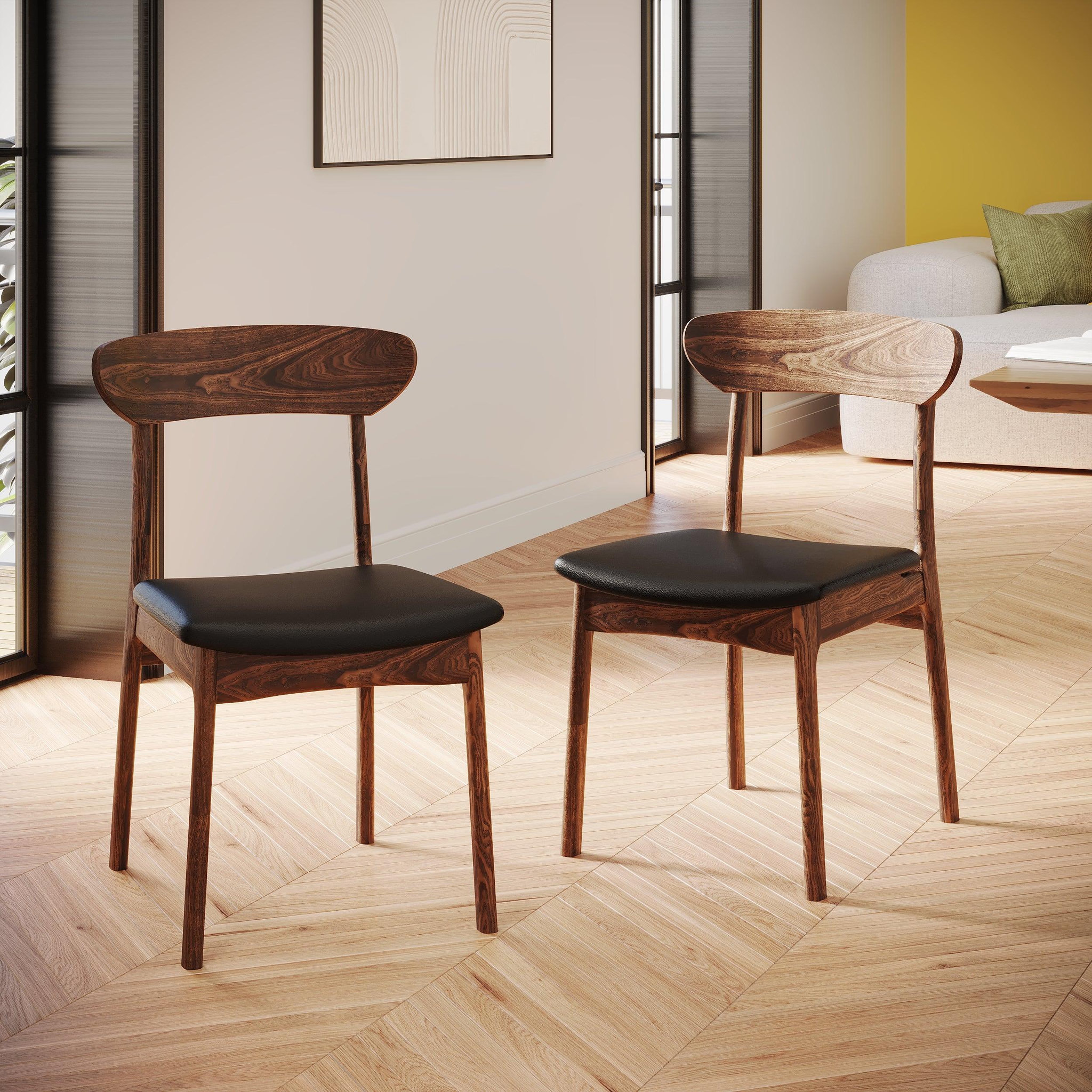 Voir la diapositive 2 : MAISON PAVANE Lot de 2 chaises en cuir synthétique noir et bois foncé-lana