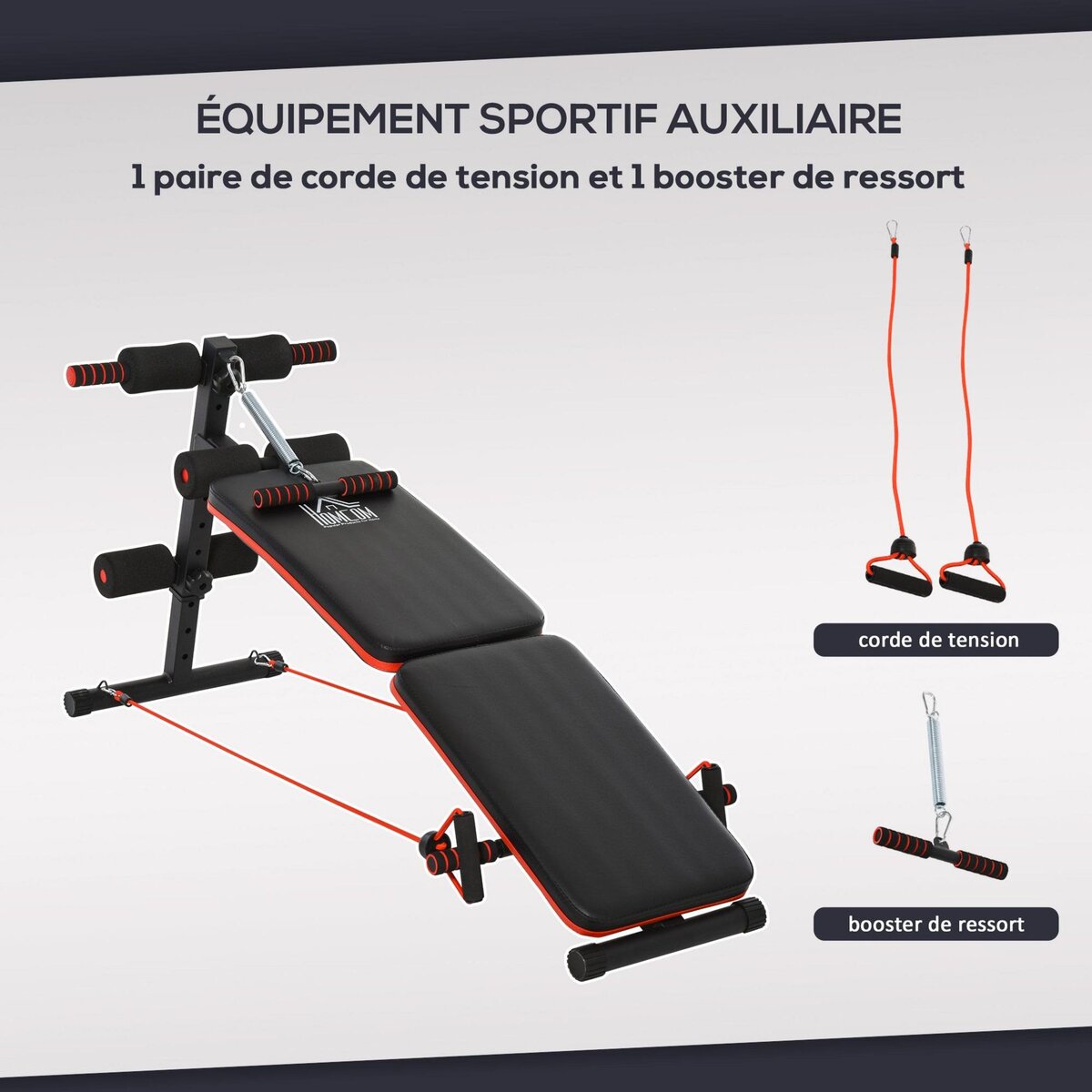 HOMCOM Banc de musculation pliable multifonction banc Fitness sit-up sangles d'extension latérales + ressort traction acier revêtement synthétique rouge noir