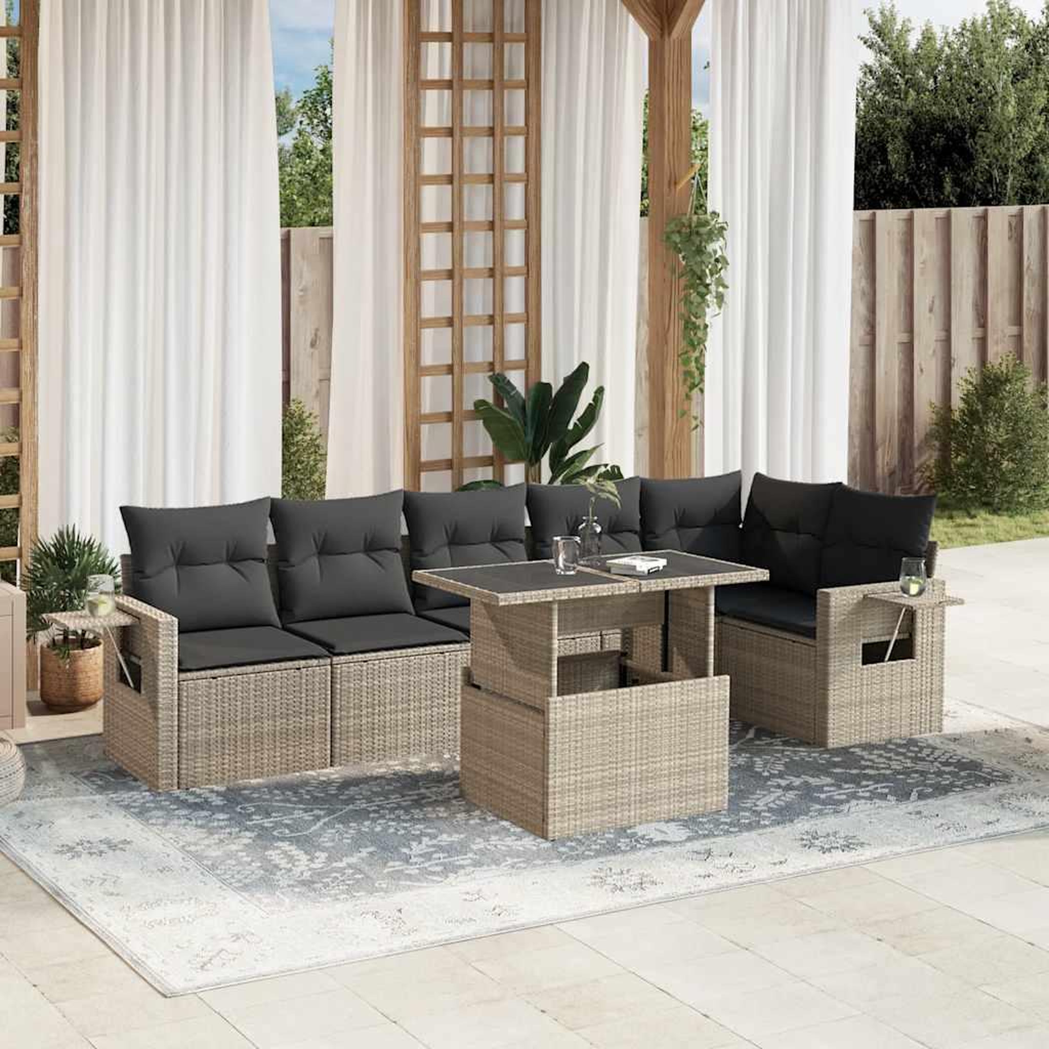 VIDAXL Salon de jardin avec coussins 7 pcs gris clair resine tressee