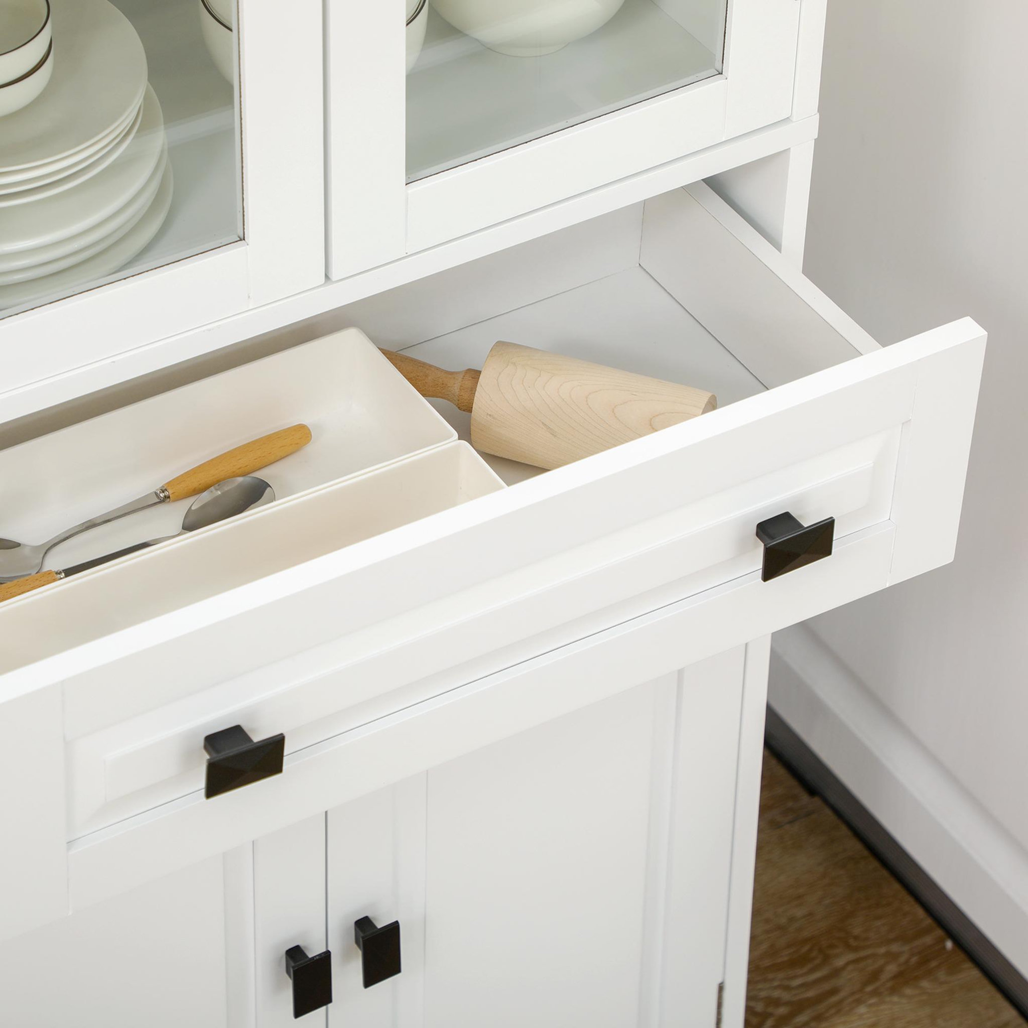 Voir la diapositive 4 : HOMCOM Armoire de cuisine buffet haut 4 portes 3 étagères tiroir verre trempé panneaux MDF blanc
