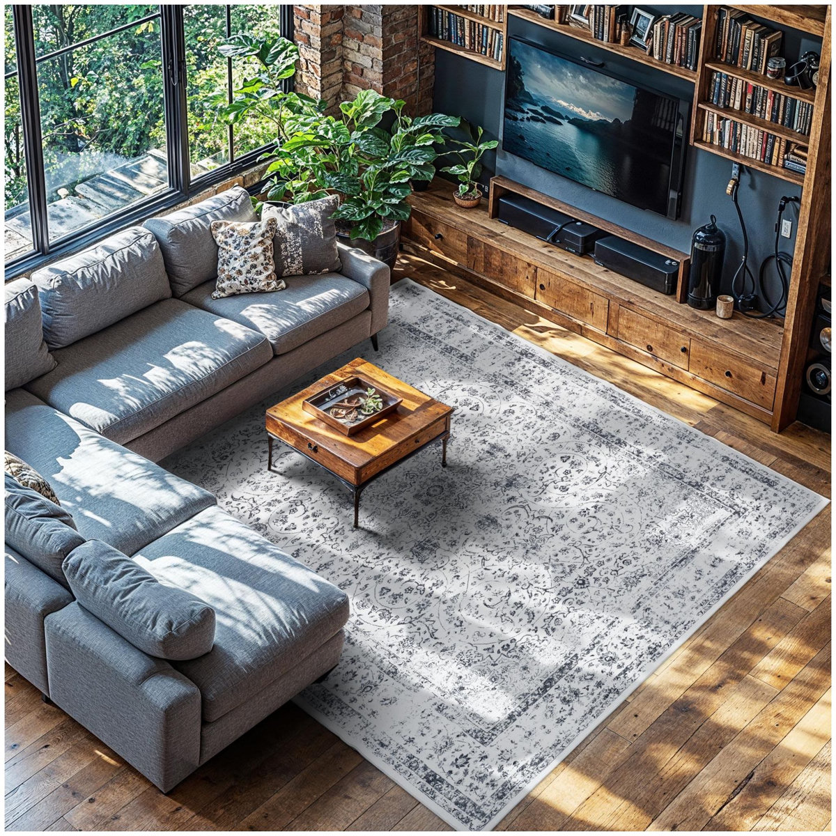 tectake Tapis design vintage à poils courts en laine synthétique et feutre gris 240 x 340 cm