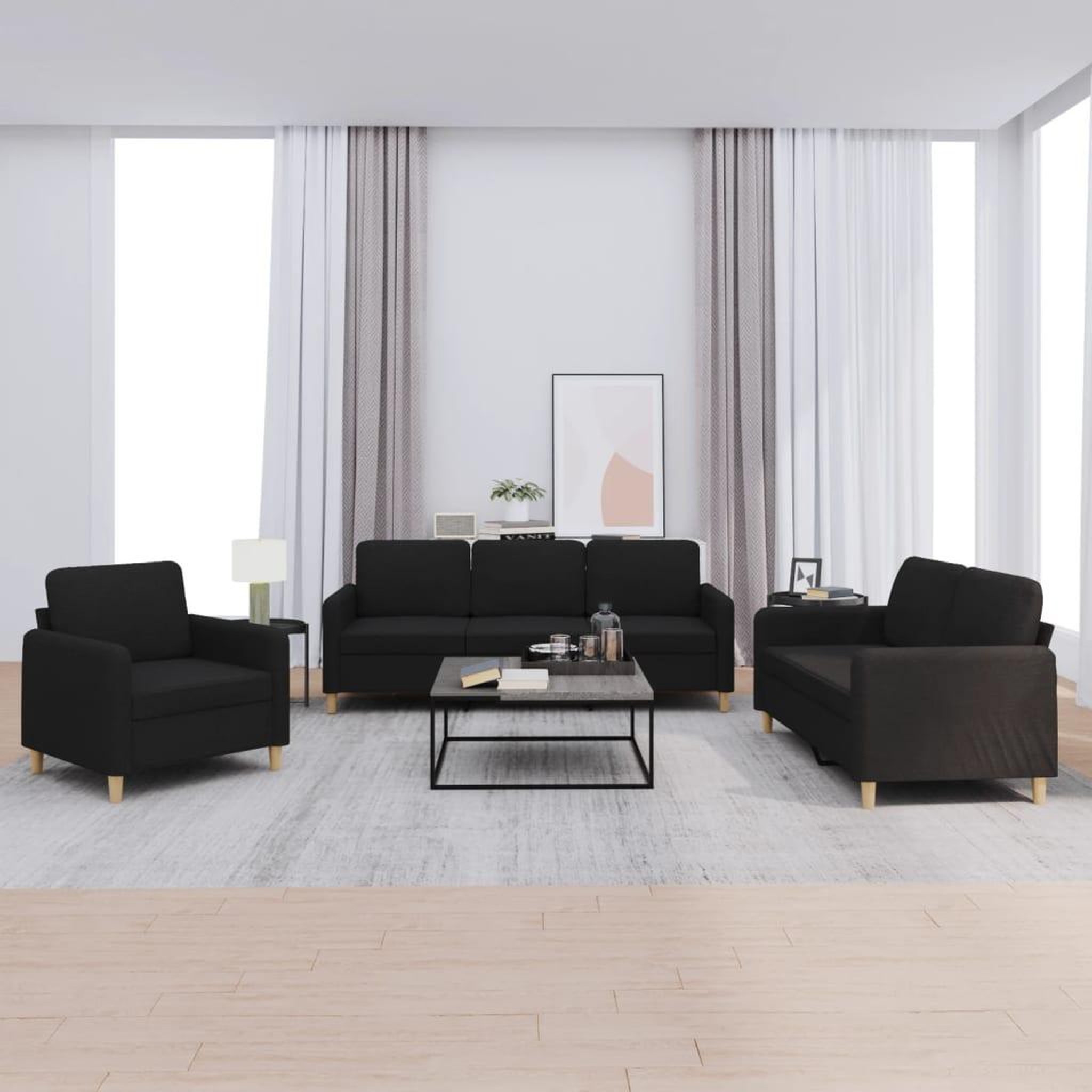 VIDAXL Ensemble de canapes 3 pcs avec coussins Noir Tissu