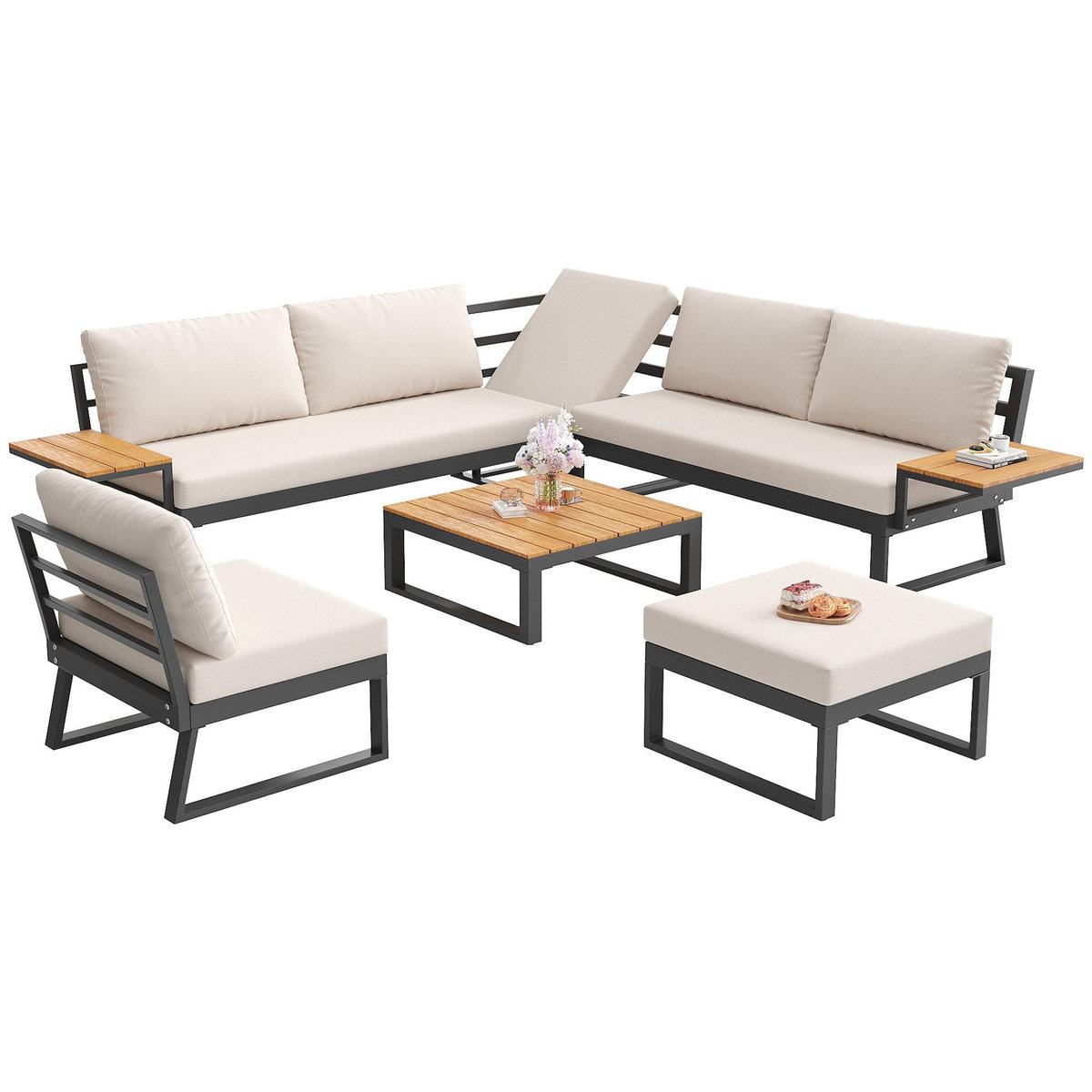 MERAX Salon de jardin 7 places en métal avec canapé d'angle, fauteuil, table basse et tabouret