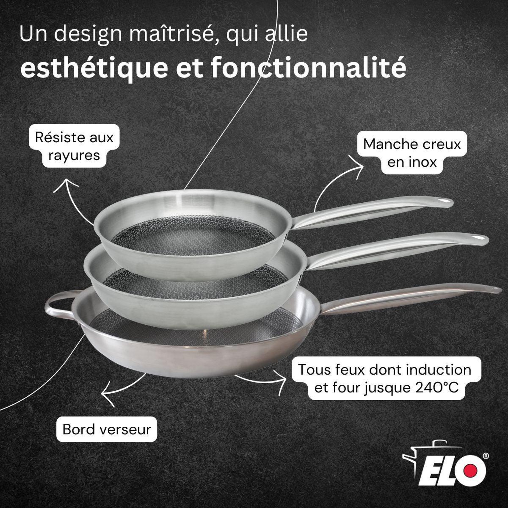 Voir la diapositive 3 : ELO Set de 3 poêles de cuisson 24/28/32 cm en acier inoxydable avec 3 ustensiles de cuisson sans pfas elo relief solution