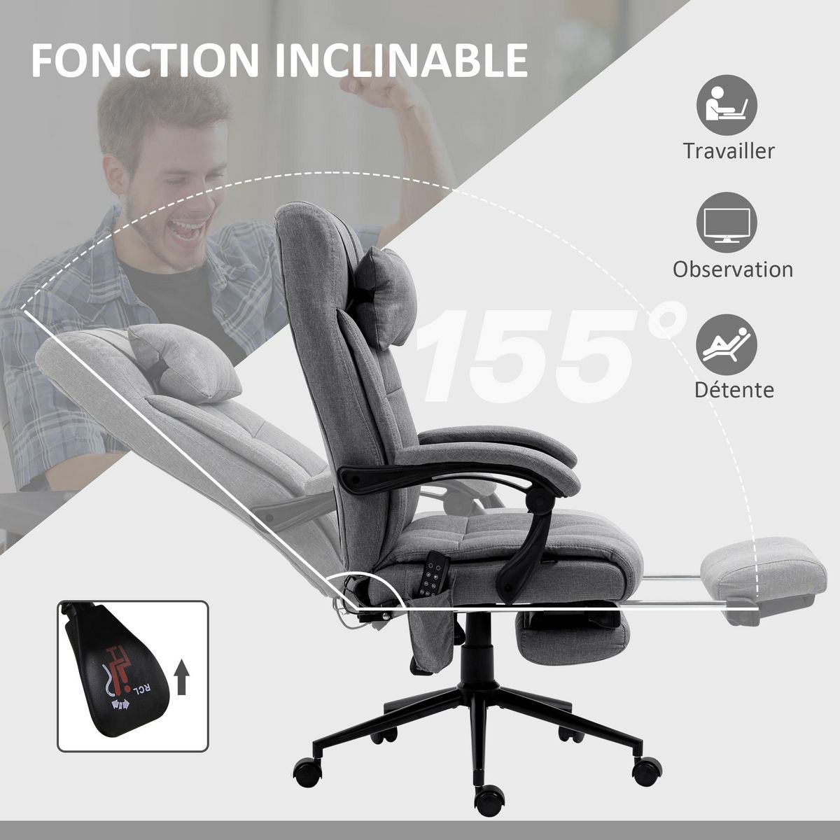 HOMCOM Chaise de bureau ergonomique design - fonctions massante et chauffante - inclinable, réglable - repose-pied - tissu gris