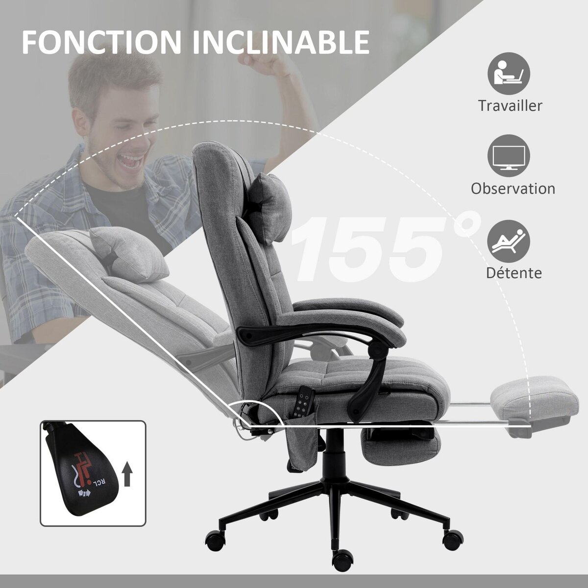 HOMCOM Chaise de bureau ergonomique design - fonctions massante et chauffante - inclinable, réglable - repose-pied - tissu gris