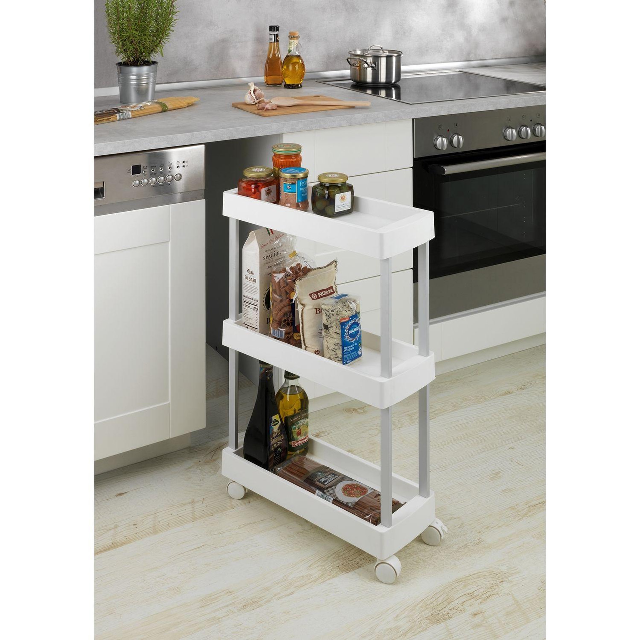 Voir la diapositive 2 : Wenko Desserte 4 roulettes avec 3 étages de rangement en polypropylène - Blanc