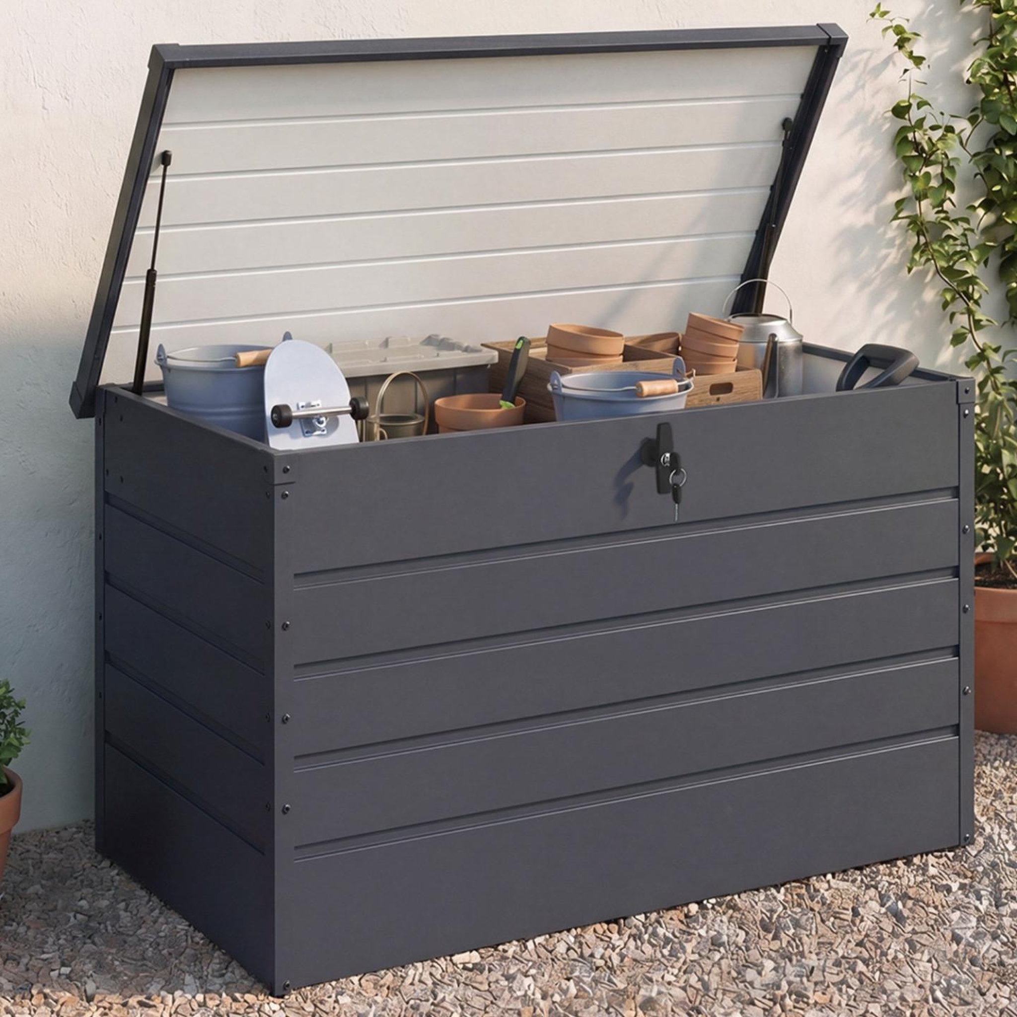 Voir la diapositive 2 : ID MARKET Coffre de rangement métal verrouillable gris anthracite pour jardin 810L