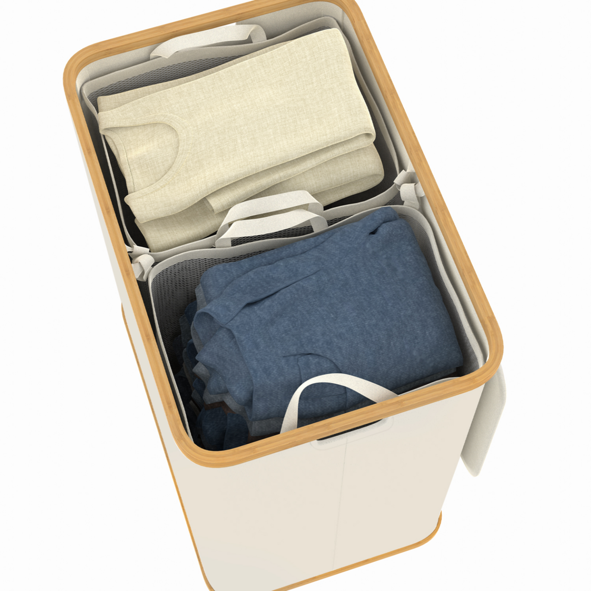 ID MARKET Panier à linge 2 bacs amovibles bambou RITA tissu écru 140 L