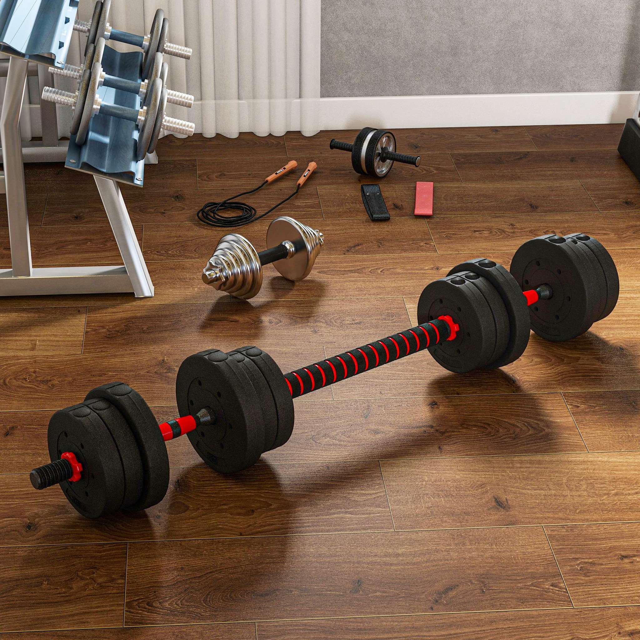 Voir la diapositive 2 : HOMCOM Ensemble d'haltères courtes total 20 kg - barres incluses - entraînement musculaire & haltérophilie - acier hdpe noir rouge